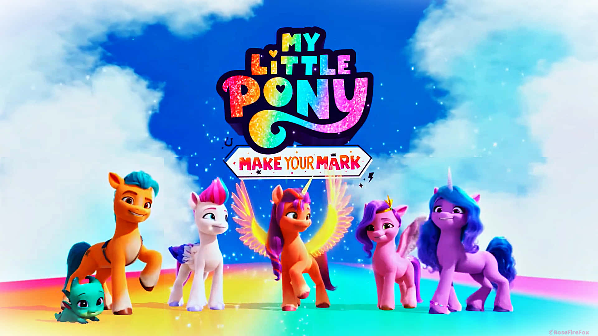 Mlp Phone 桌布 壁紙 — 色彩繽紛的My Little Pony角色站在彩虹平台上，上方是閃爍的藍天，並有節目標誌。