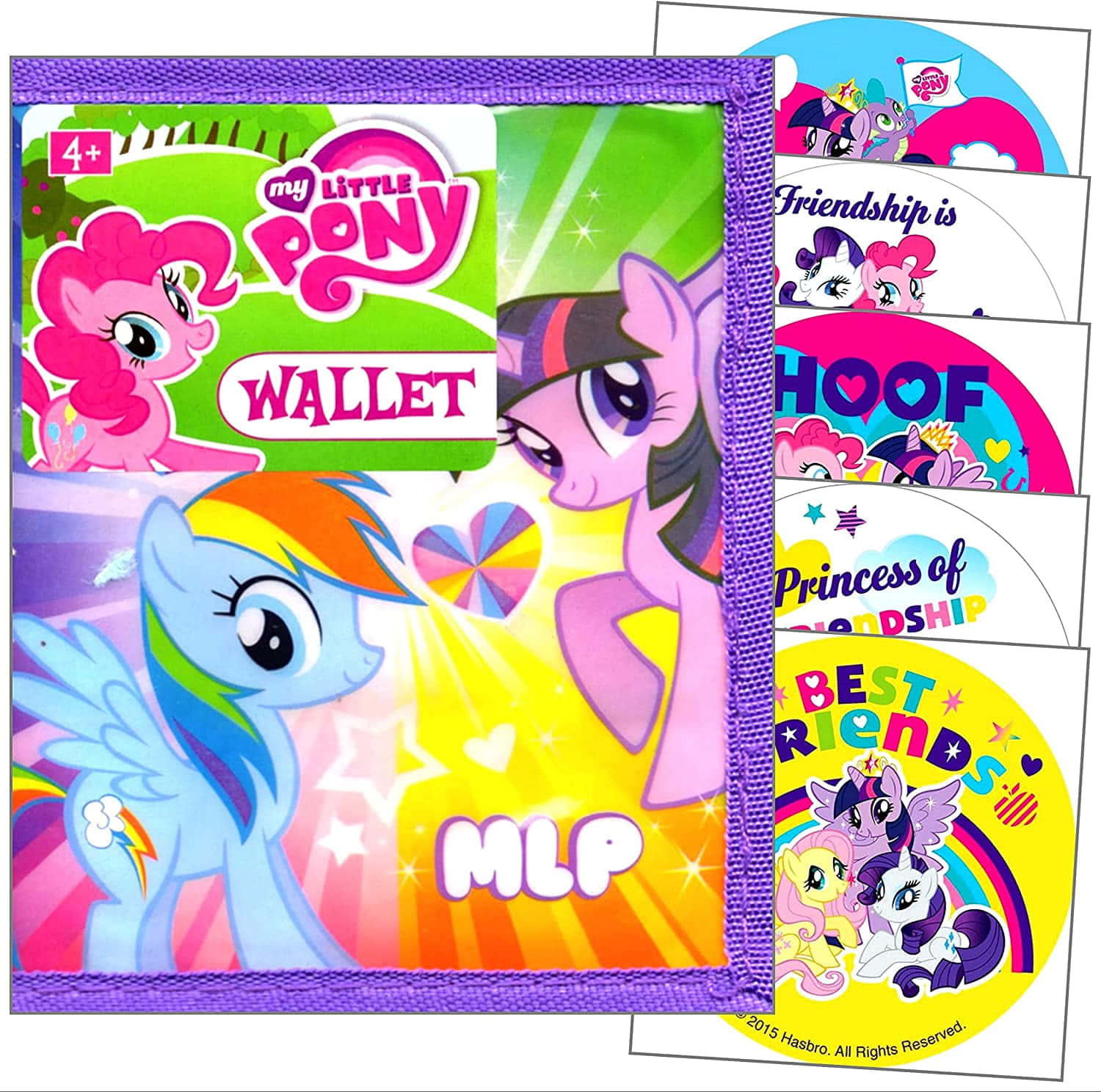 彩虹小馬 桌布 壁紙 — 色彩繽紛的My Little Pony錢包，印有Rainbow Dash和Twilight Sparkle，並附有友誼主題貼紙。