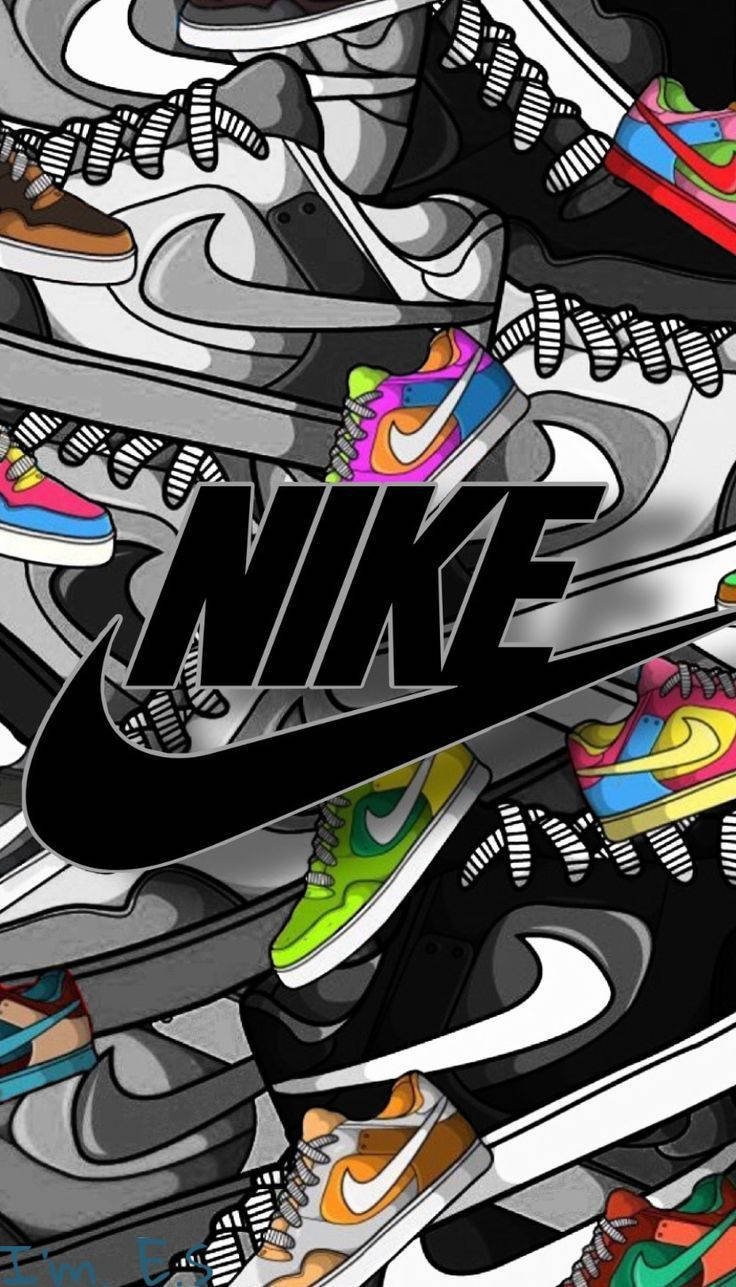 Nike 桌布 壁紙 — 色彩繽紛的Nike運動鞋拼貼在灰階鞋款之上，帶有粗體黑色Nike標誌。
