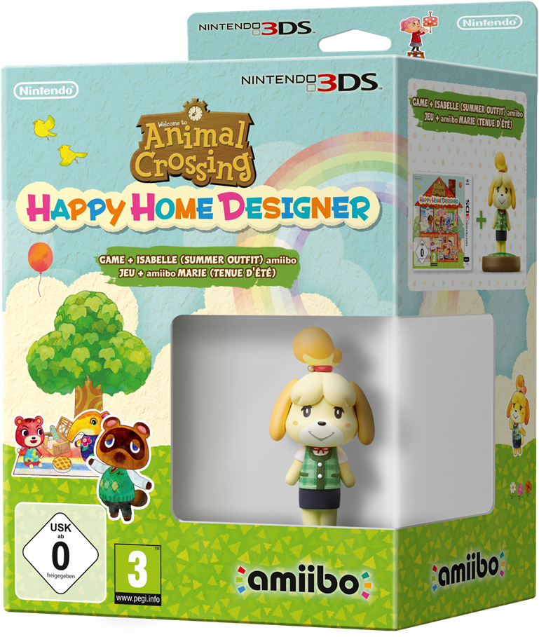 動物森友會 桌布 壁紙 — 色彩繽紛的Nintendo 3DS遊戲盒，用於《動物森友會 快樂家設計師》， featuring 夏季服裝的Isabelle和amiibo公仔。
