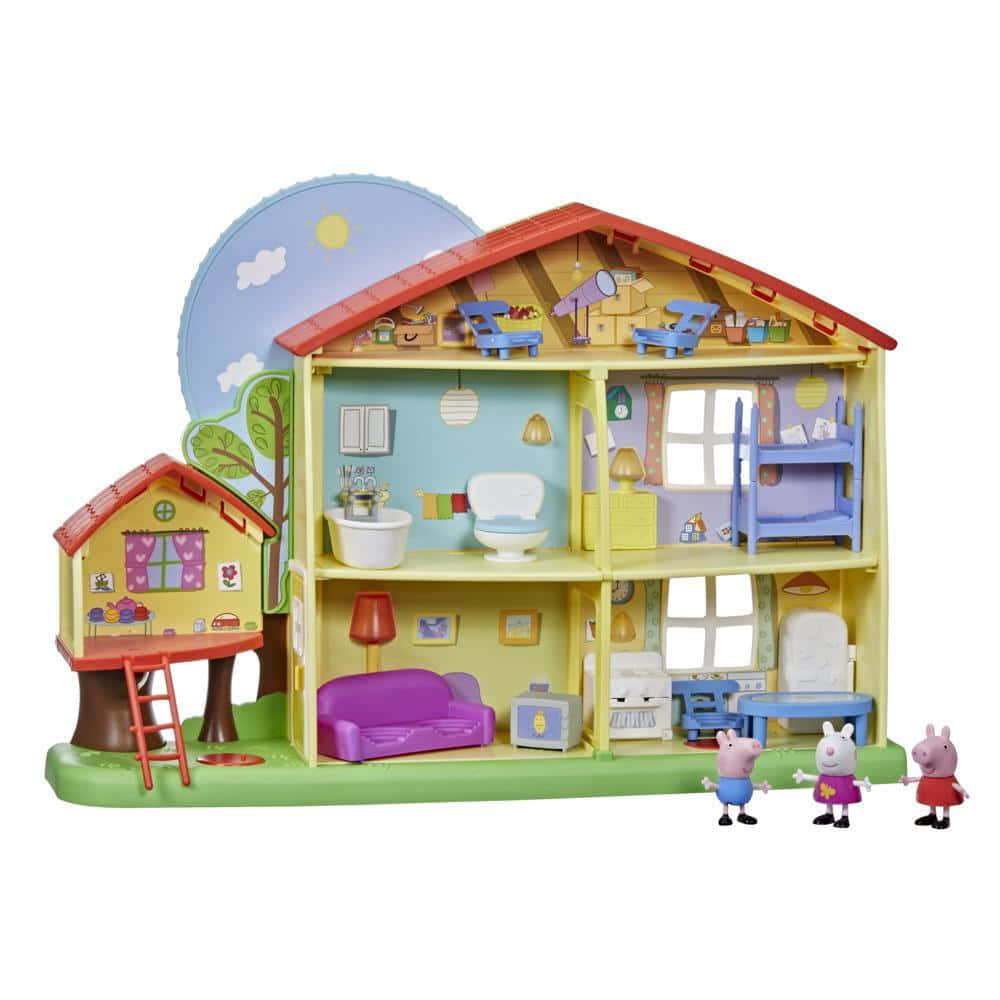 Peppa Pig Family 桌布 壁紙 — 色彩繽紛的Peppa Pig玩具屋，有三層詳細房間，三個Peppa Pig角色站在外面。