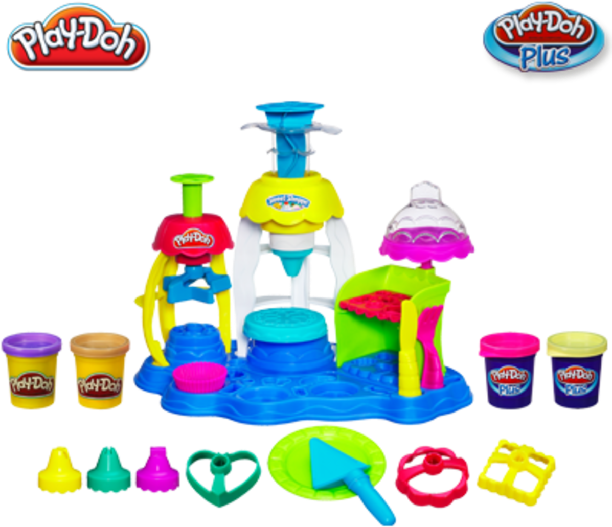 剪貼畫 桌布 壁紙 — 色彩繽紛的Play-Doh Plus遊戲套裝，配有彩色模具、工具和容器，背景為黑色。