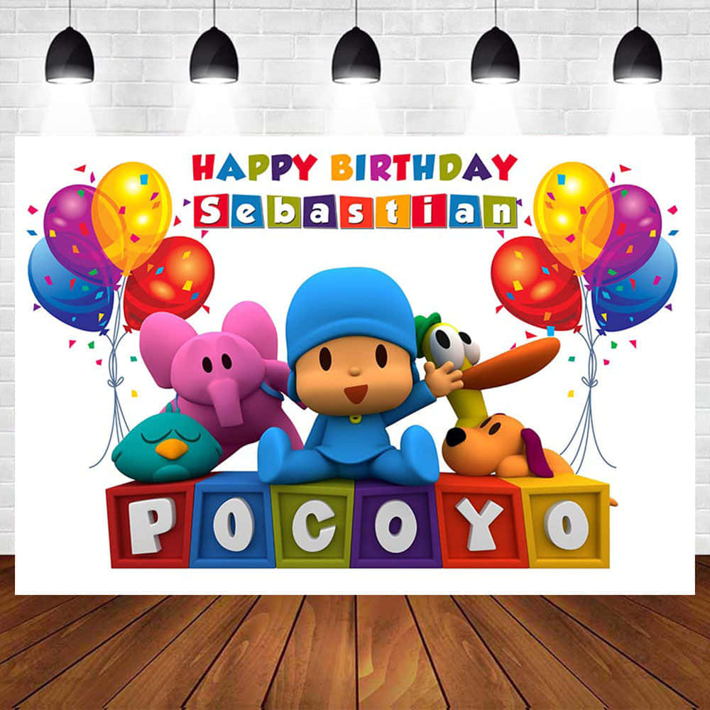 Backdrop 桌布 壁紙 — 色彩繽紛的Pocoyo生日背景，有氣球、五彩紙屑和積木上的角色，背景是磚牆。