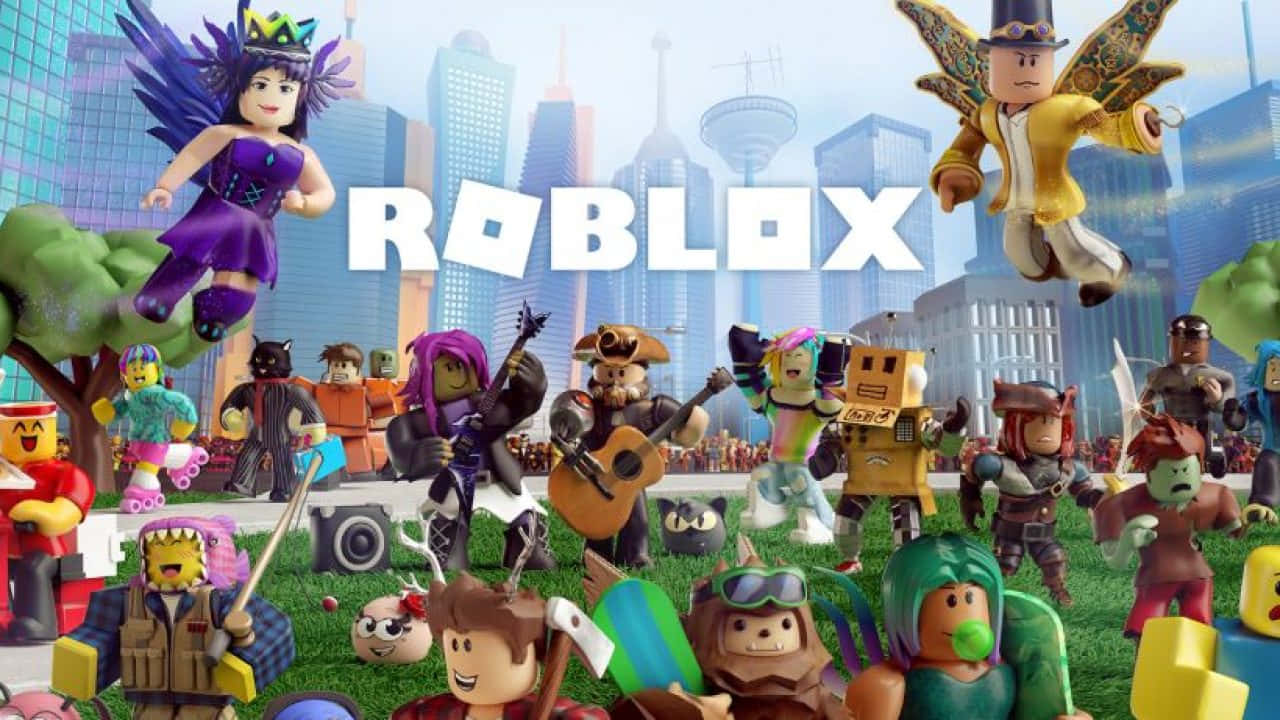 Roblox 桌布 壁紙 — 色彩繽紛的Roblox虛擬角色穿著鮮豔服裝，聚集在草地上，背景是未來城市天際線。