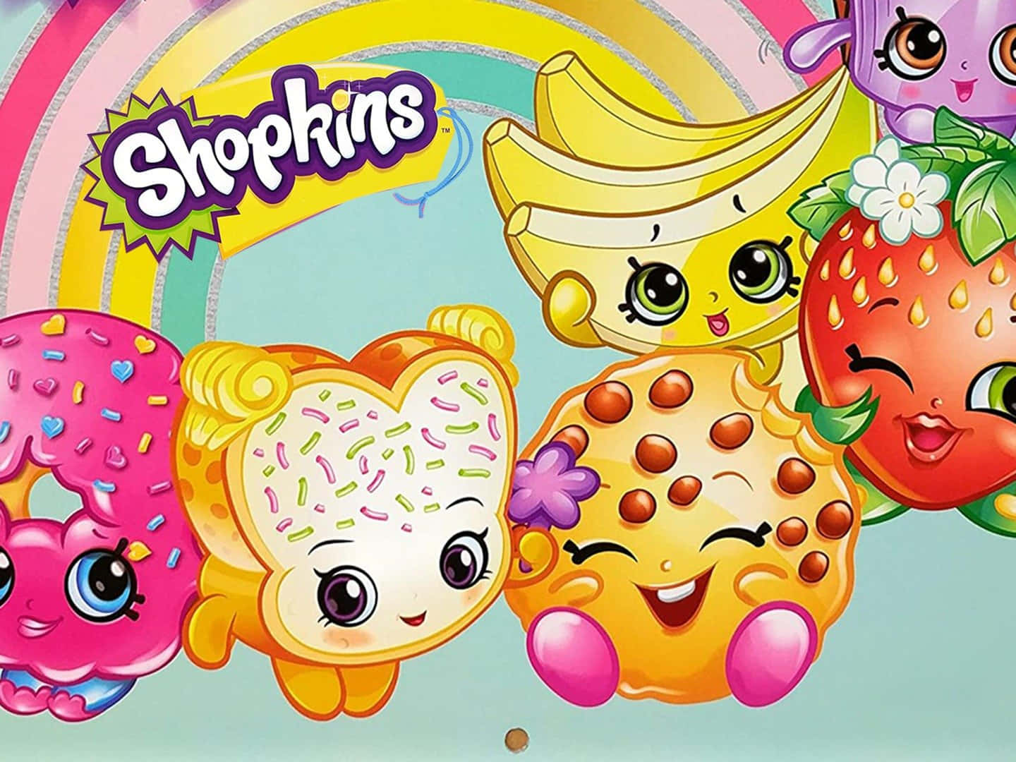 Shopkins 桌布 壁紙 — 色彩繽紛的Shopkins角色，如香蕉吐司和草莓微笑，配以彩虹背景。