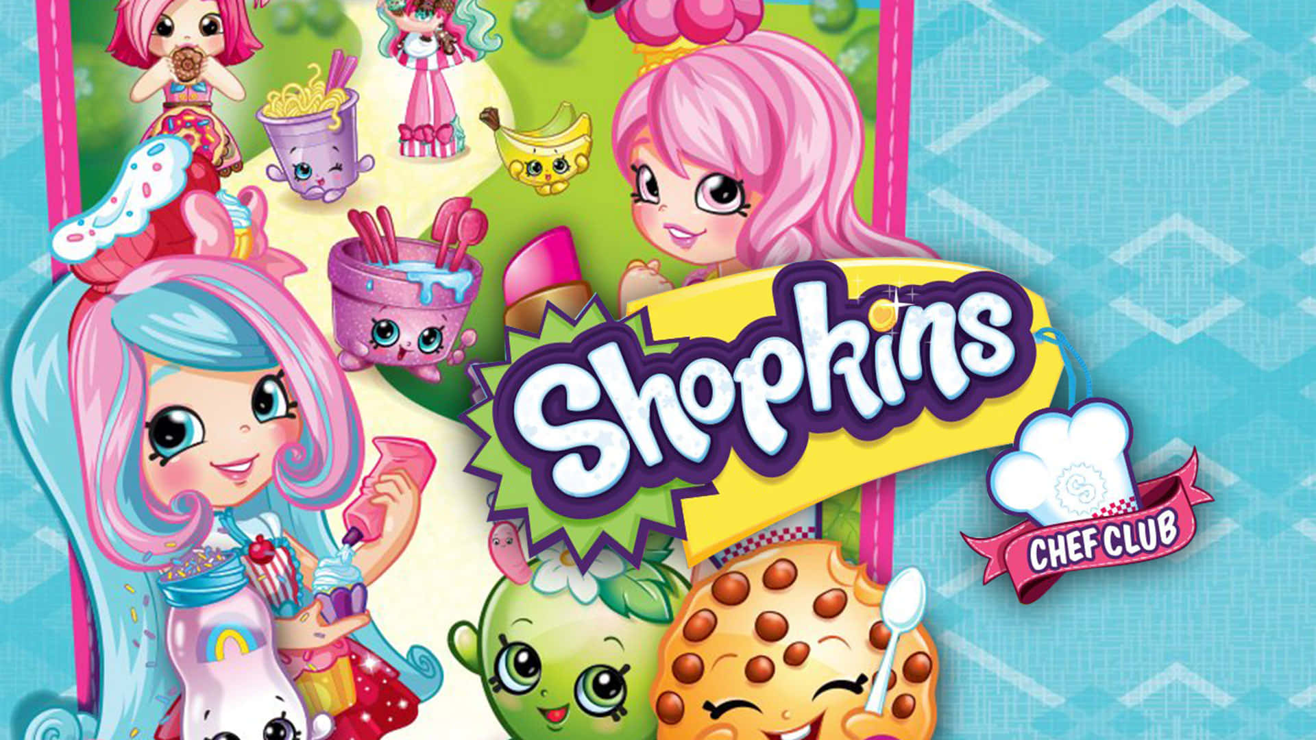 Toy 桌布 壁紙 — 色彩繽紛的Shopkins角色，擁有粉紅色頭髮和食物主題的臉孔，圍繞著明亮的黃色標誌愉快地微笑。
