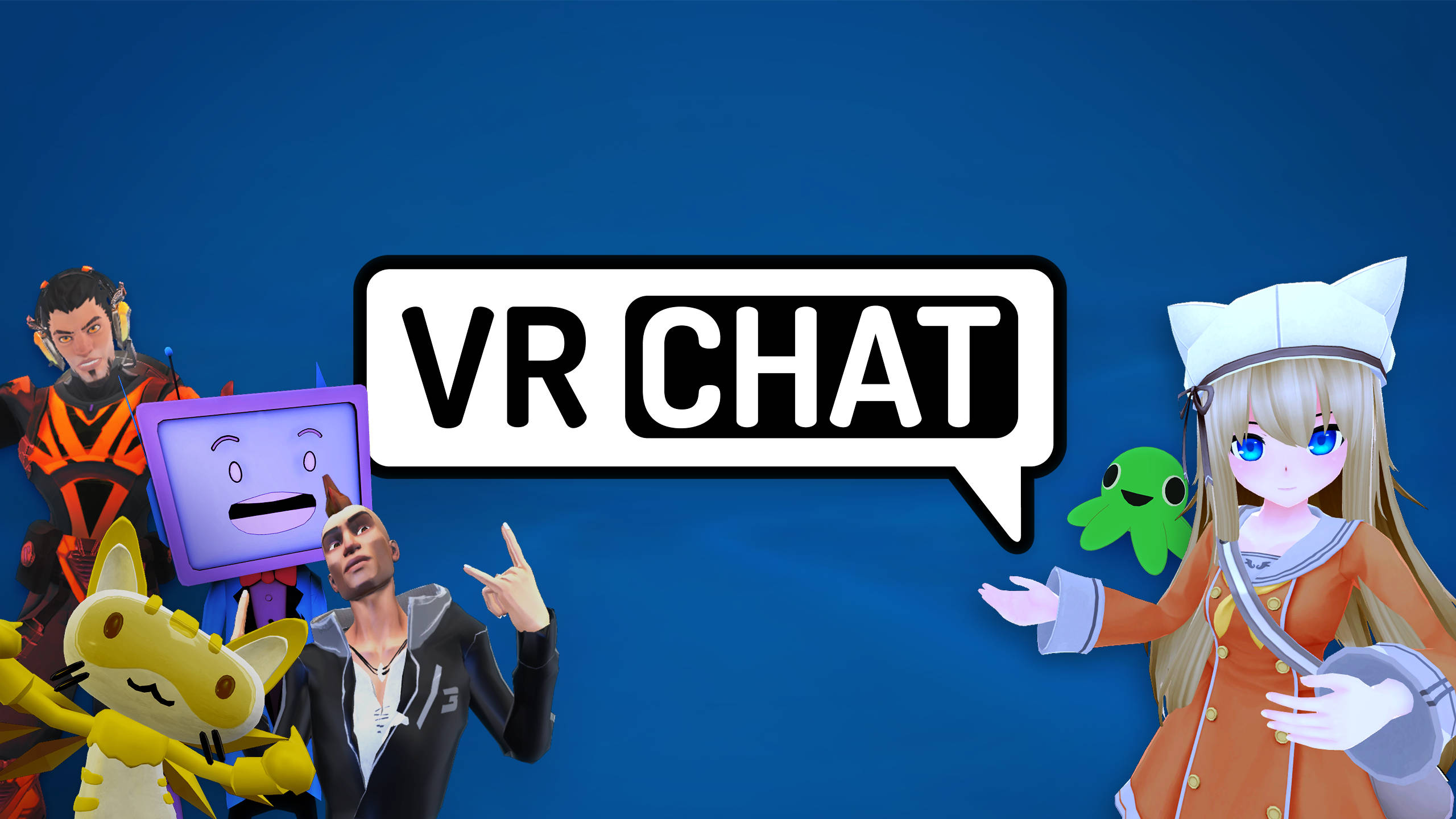 Vrchat 桌布 壁紙 — 色彩繽紛的VR Chat頭像穿著鮮豔服裝，在純藍色背景上圍繞對話氣泡標誌擺姿勢。