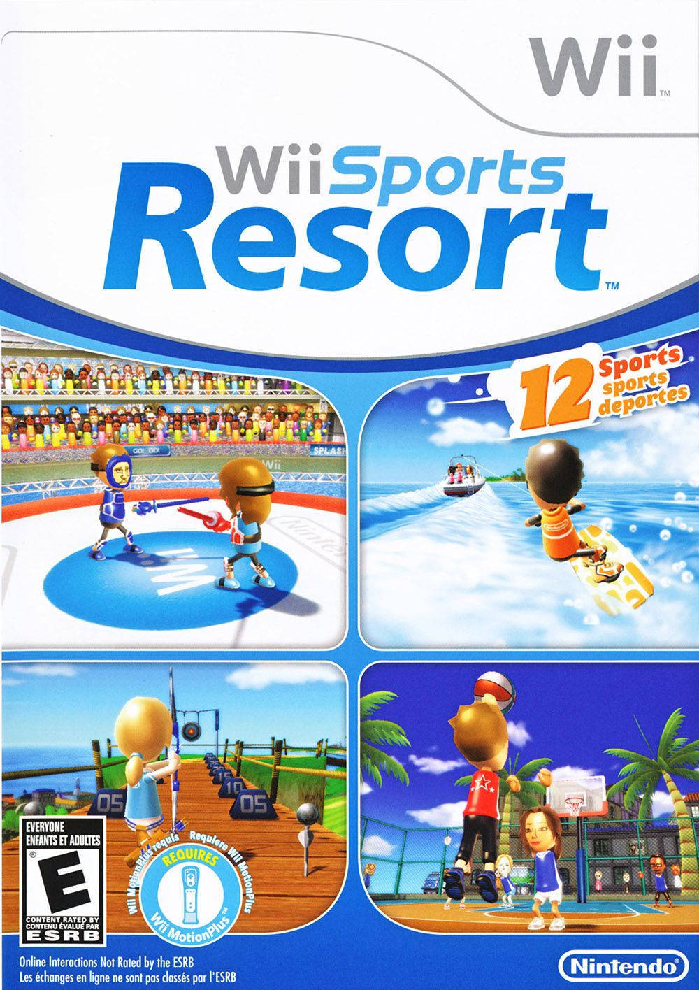 電玩遊戲 桌布 壁紙 — 色彩繽紛的Wii Sports Resort遊戲封面，展示四個卡通角色在晴朗天空下打網球、衝浪、打高爾夫球和打棒球。