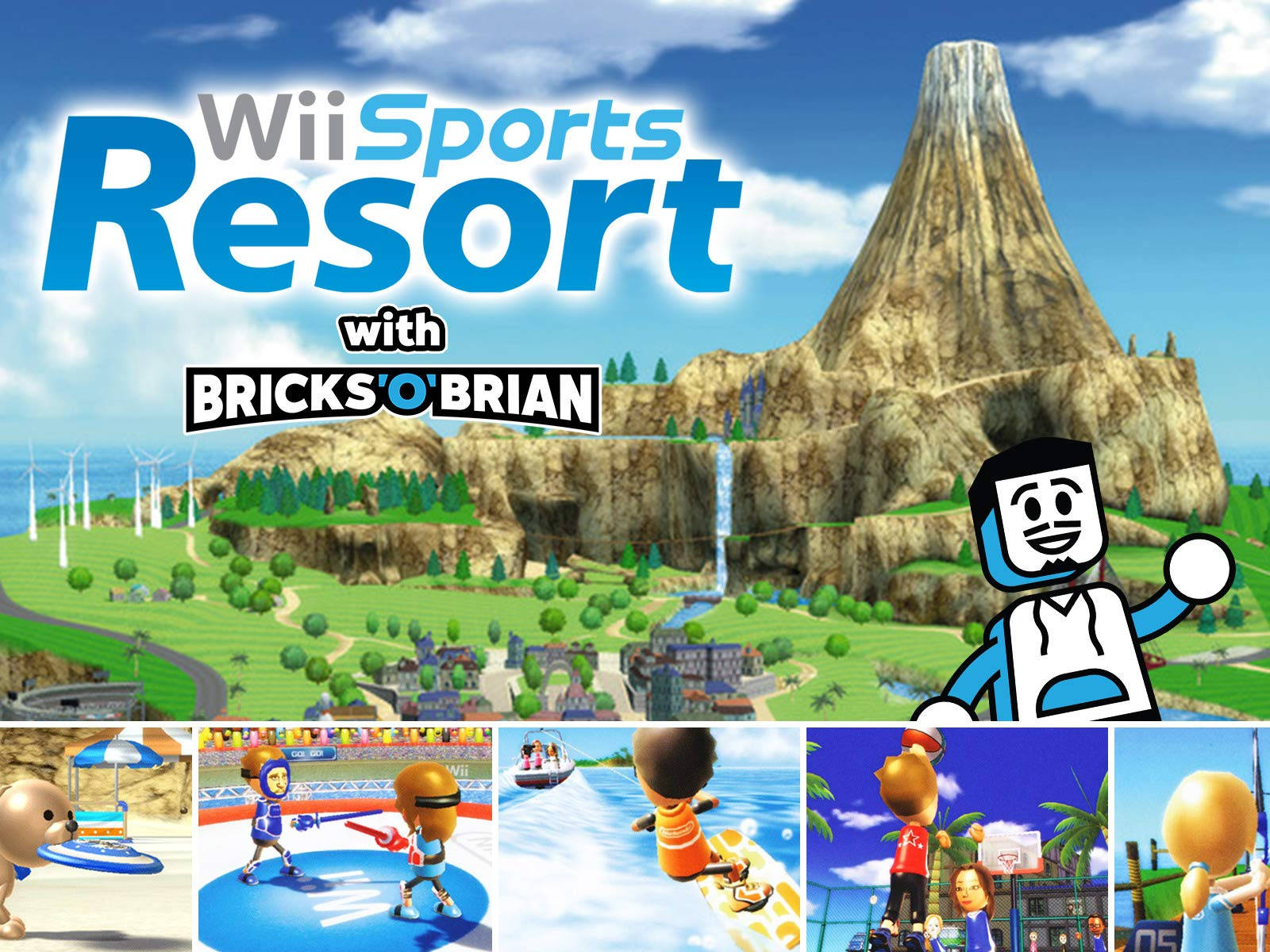 電玩遊戲 桌布 壁紙 — 色彩繽紛的Wii Sports Resort遊戲封面，顯示卡通角色在火山和度假小鎮背景下進行運動。