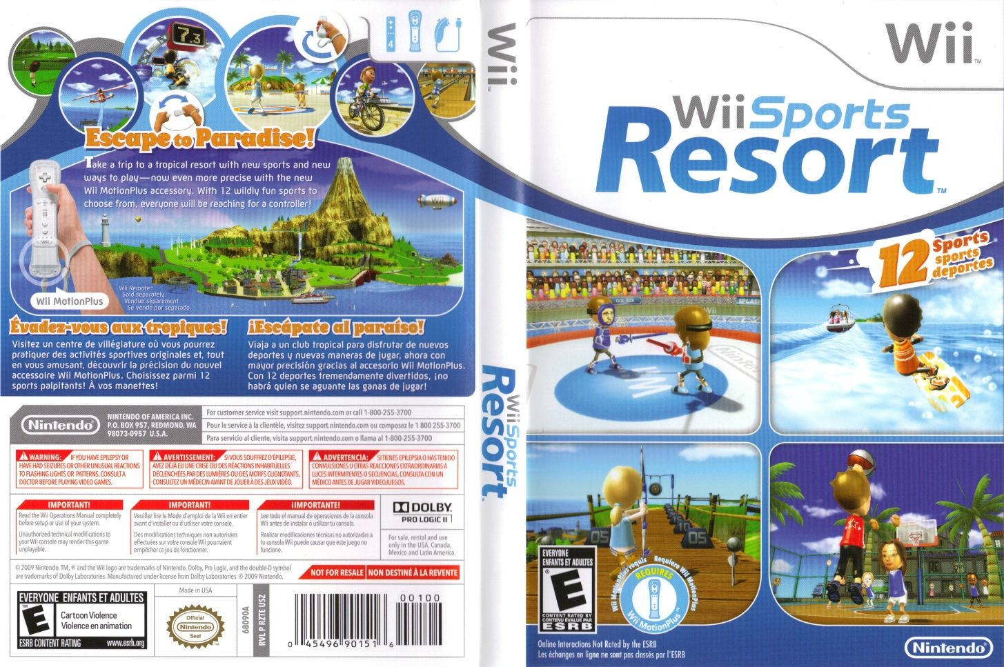 電玩遊戲 桌布 壁紙 — 色彩繽紛的Wii Sports Resort遊戲盒藝術，展示卡通角色在晴朗天空下進行熱帶運動。
