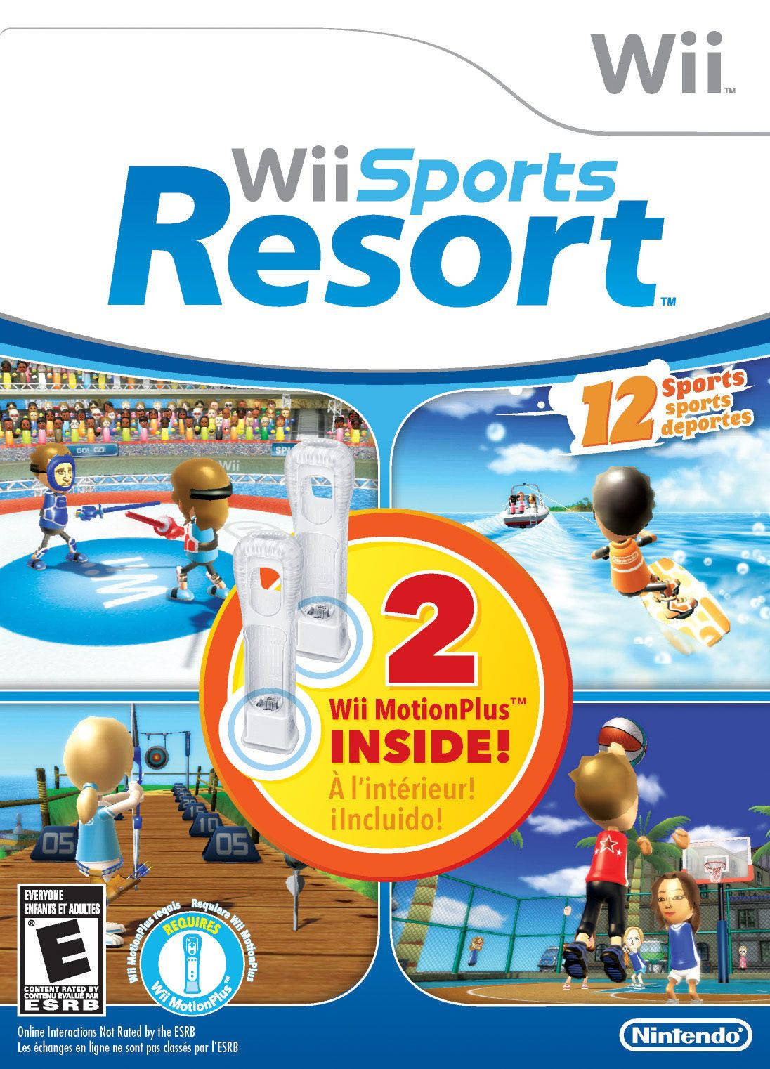 電玩遊戲 桌布 壁紙 — 色彩繽紛的Wii Sports Resort遊戲封面，顯示卡通人物使用Wii MotionPlus控制器打網球、衝浪和打籃球。