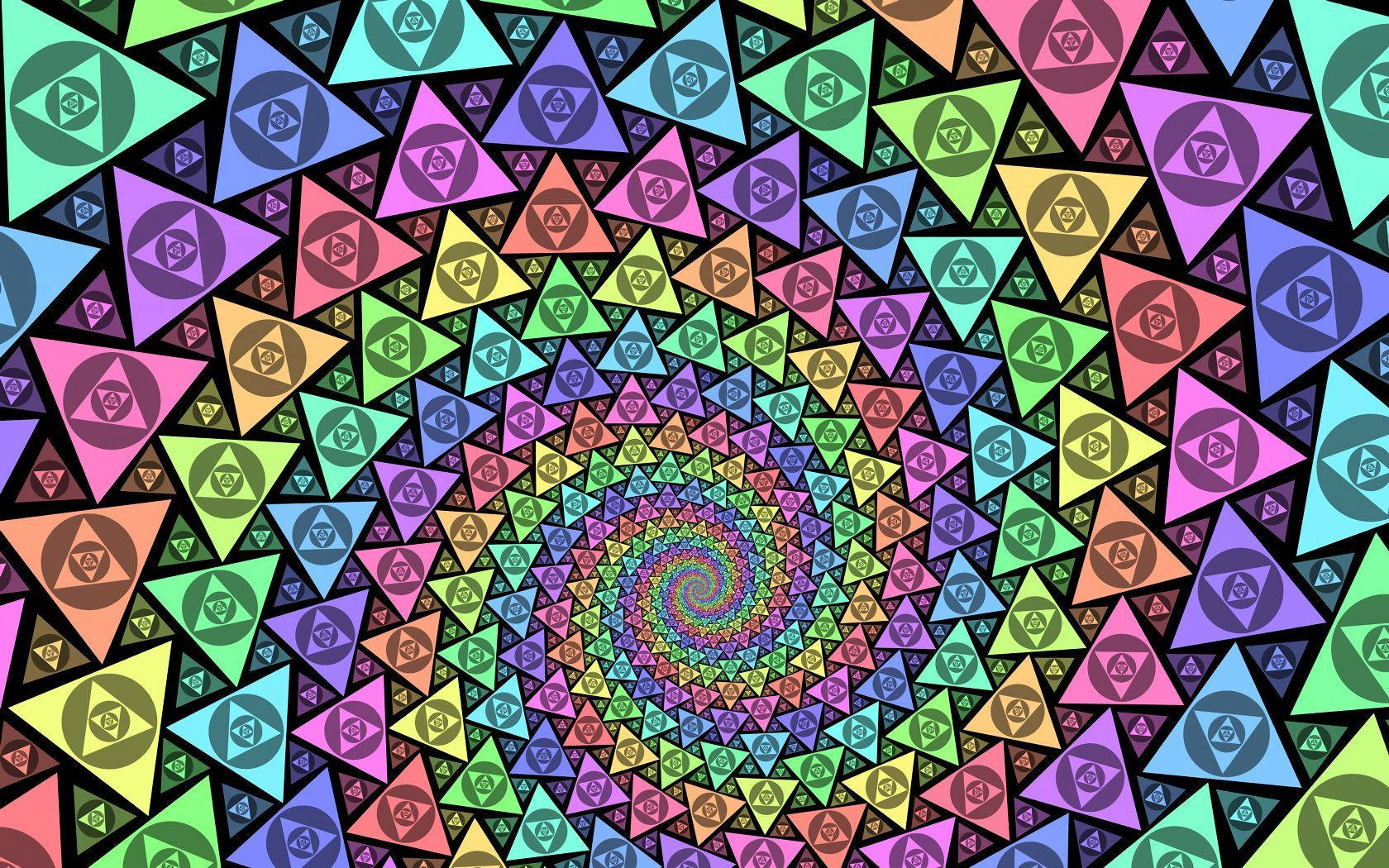 迷幻動圖 桌布 壁紙 — 色彩繽紛的三角形匯聚成催眠彩虹漩渦的迷人螺旋。