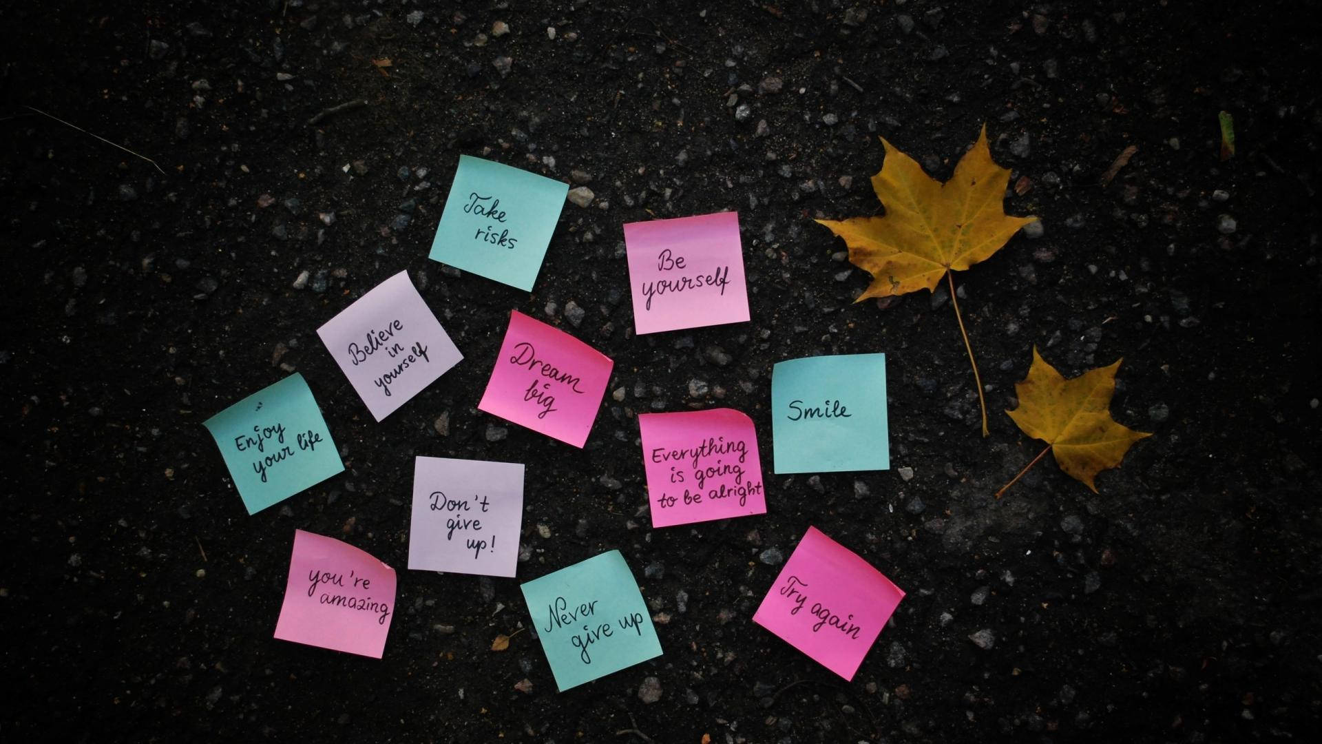 Inspirational Quotes 桌布 壁紙 — 色彩繽紛的便利貼上寫有勵志短語，散落在深色路面上，旁邊是落下的秋葉。
