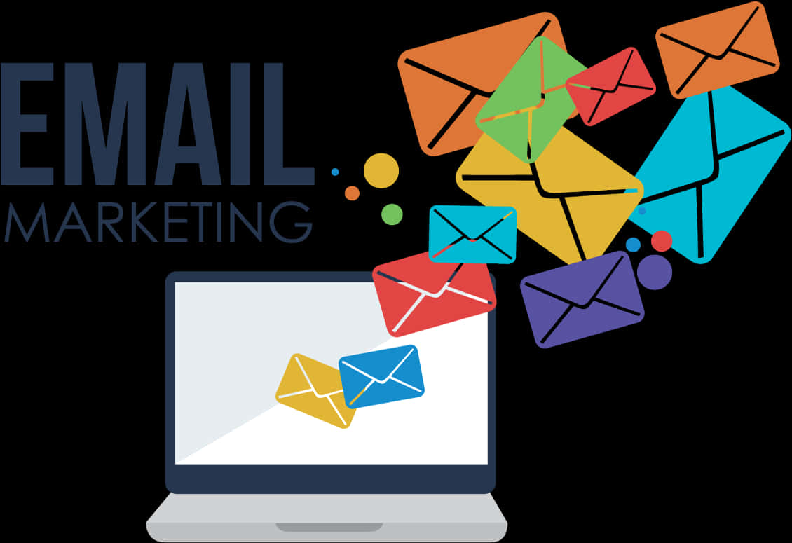 Email 桌布 壁紙 — 色彩繽紛的信封從顯示「EMAIL MARKETING」的筆記型電腦螢幕中迸出，背景為黑色。