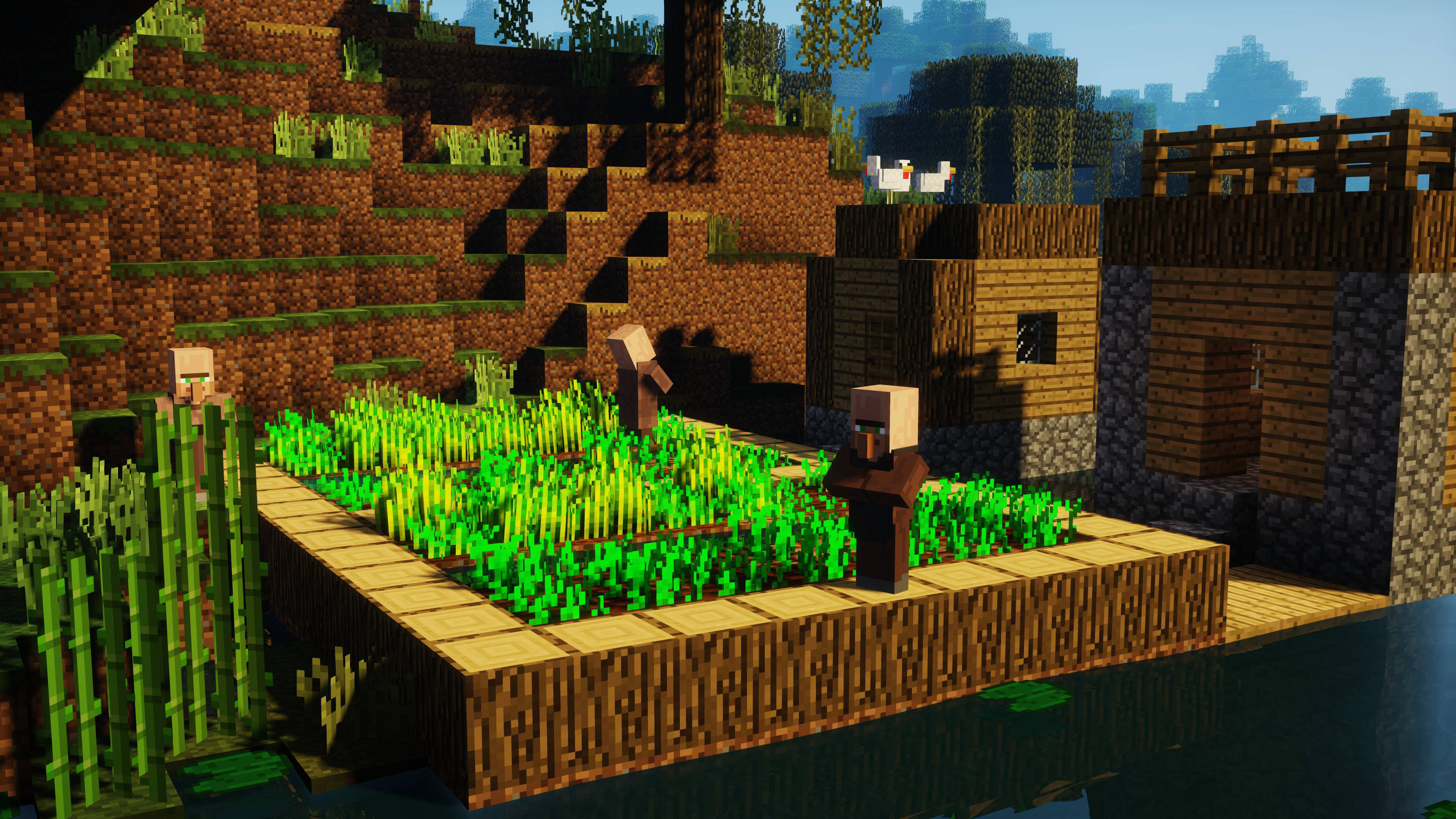 4K Minecraft 壁紙 桌布 壁紙 — 色彩繽紛的像素化Minecraft村莊，村民在木屋和水邊照料農作物。