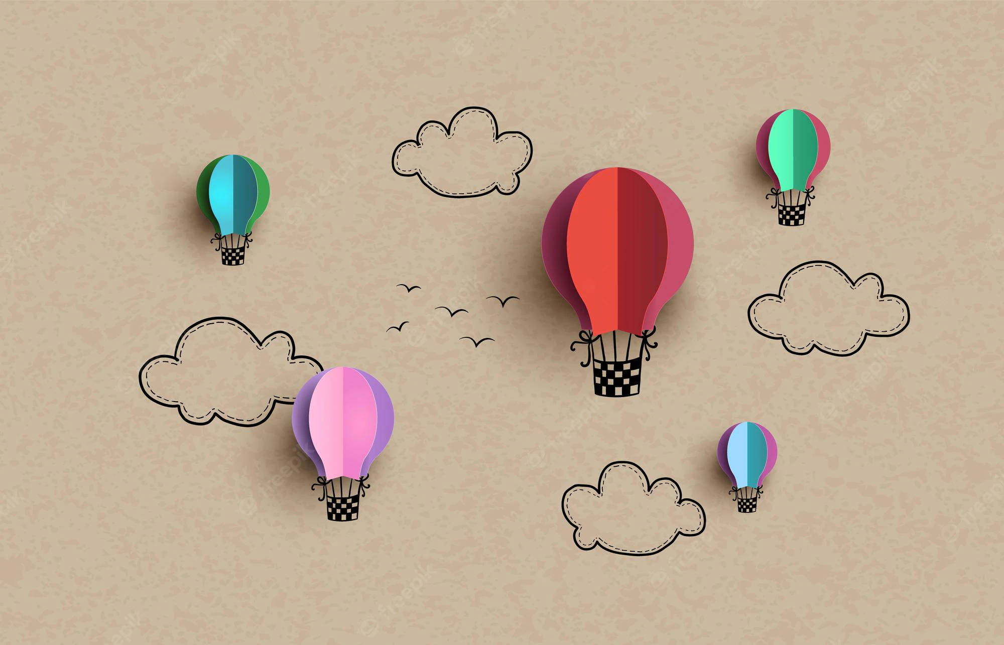 Hot Air Balloon 桌布 壁紙 — 色彩繽紛的剪紙風格熱氣球漂浮在手繪雲朵之間，背景為帶紋理的米色。