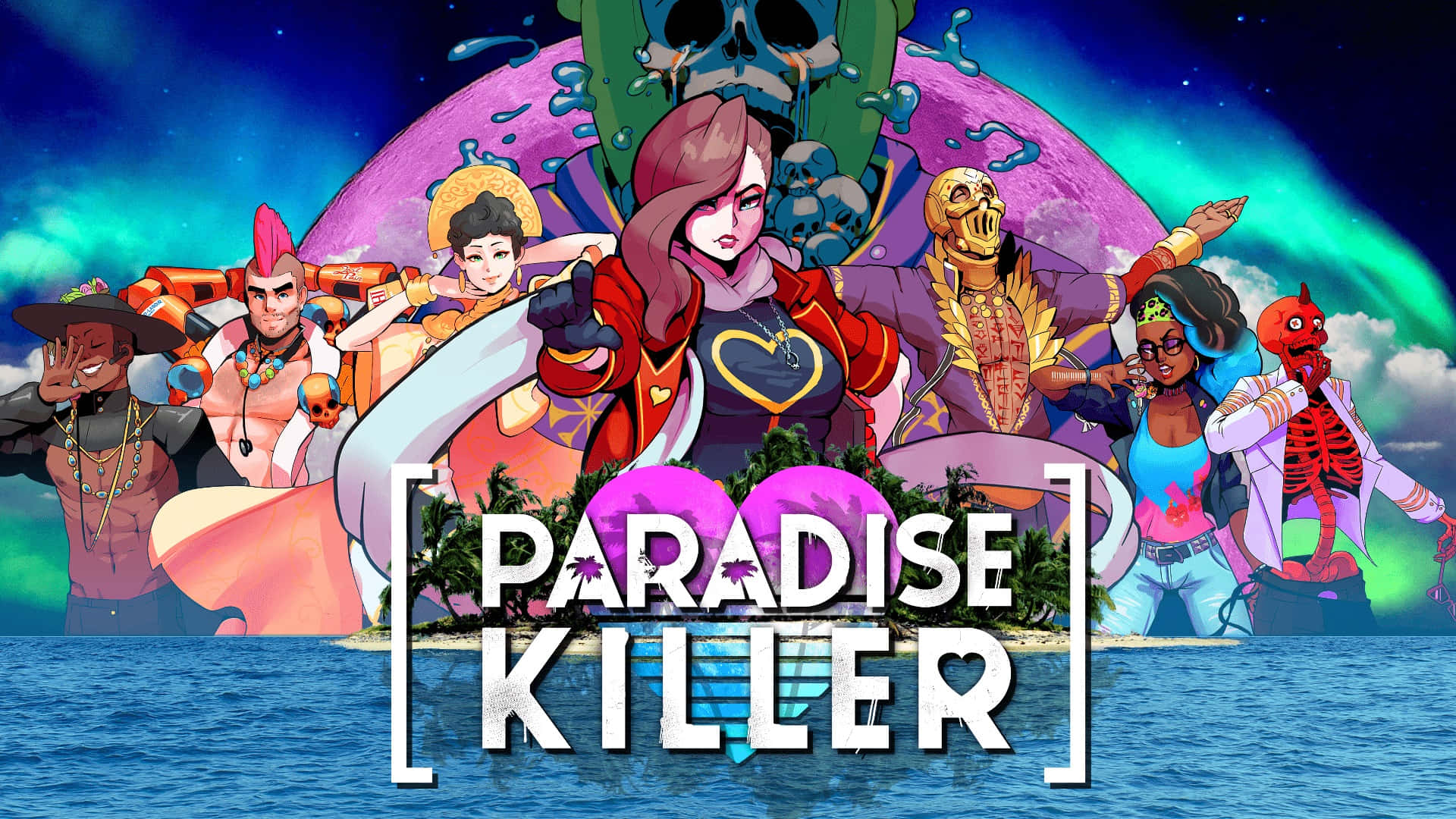 killer 桌布 壁紙 — 色彩繽紛的動漫角色帶有骷髏圖案，在熱帶島嶼上以宇宙極光為背景擺姿勢。