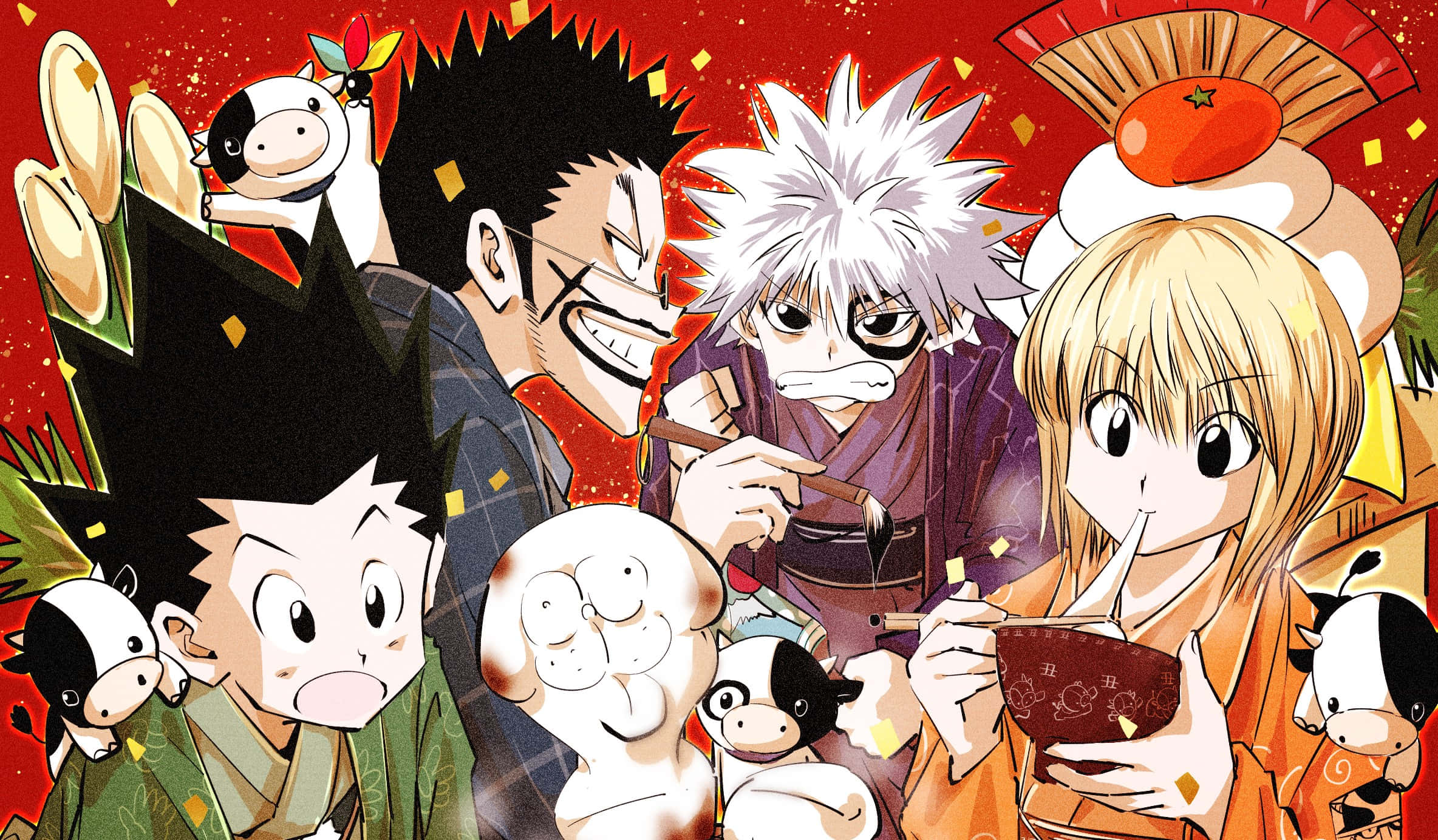 Leorio Paradinight 桌布 壁紙 — 色彩繽紛的動漫角色穿著節慶和服，圍繞著一張擺滿食物和牛玩偶的桌子，背景是紅色紙屑。