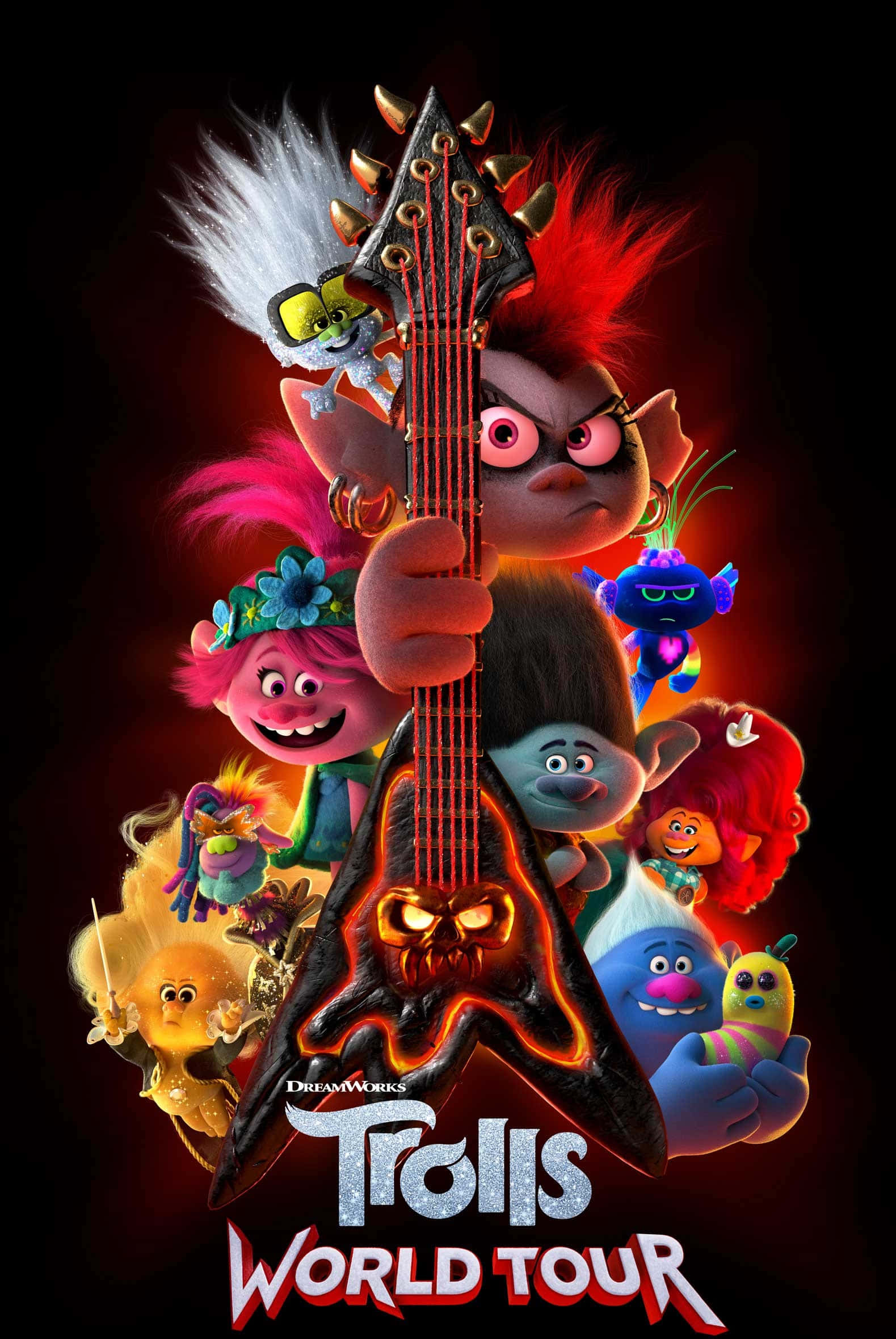 Trolls World Tour 桌布 壁紙 — 色彩繽紛的動畫巨魔圍繞著一個在黑暗背景上燃燒的骷髏吉他。