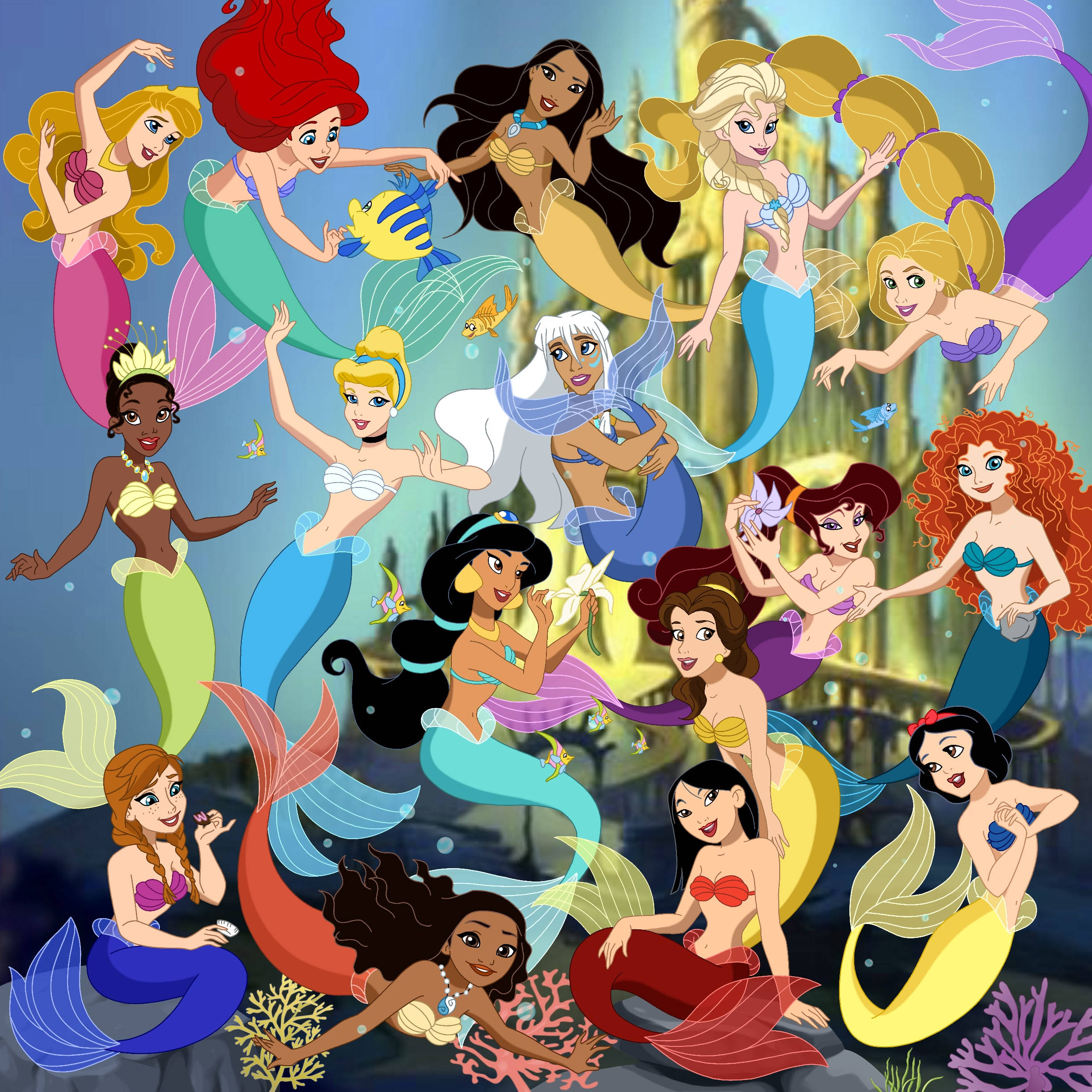 Princess 桌布 壁紙 — 色彩繽紛的動畫美人魚在水下聚集，擁有色彩繽紛的尾巴和珊瑚環境。