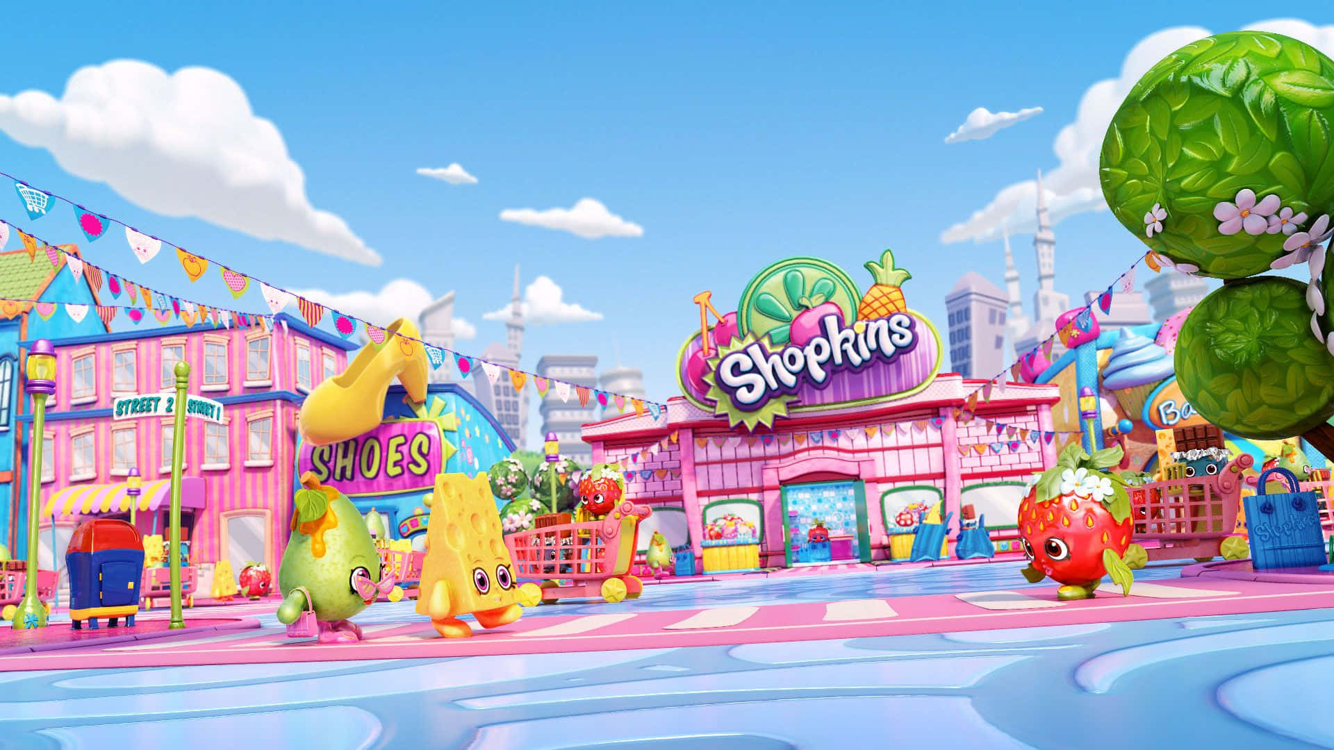 Shopkins 桌布 壁紙 — 色彩繽紛的卡通Shopkins角色在明亮的藍天下，漫步於糖果色的購物區。