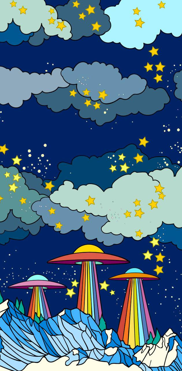 幽浮 桌布 壁紙 — 色彩繽紛的卡通UFO在星空雲層下盤旋於雪山之上。