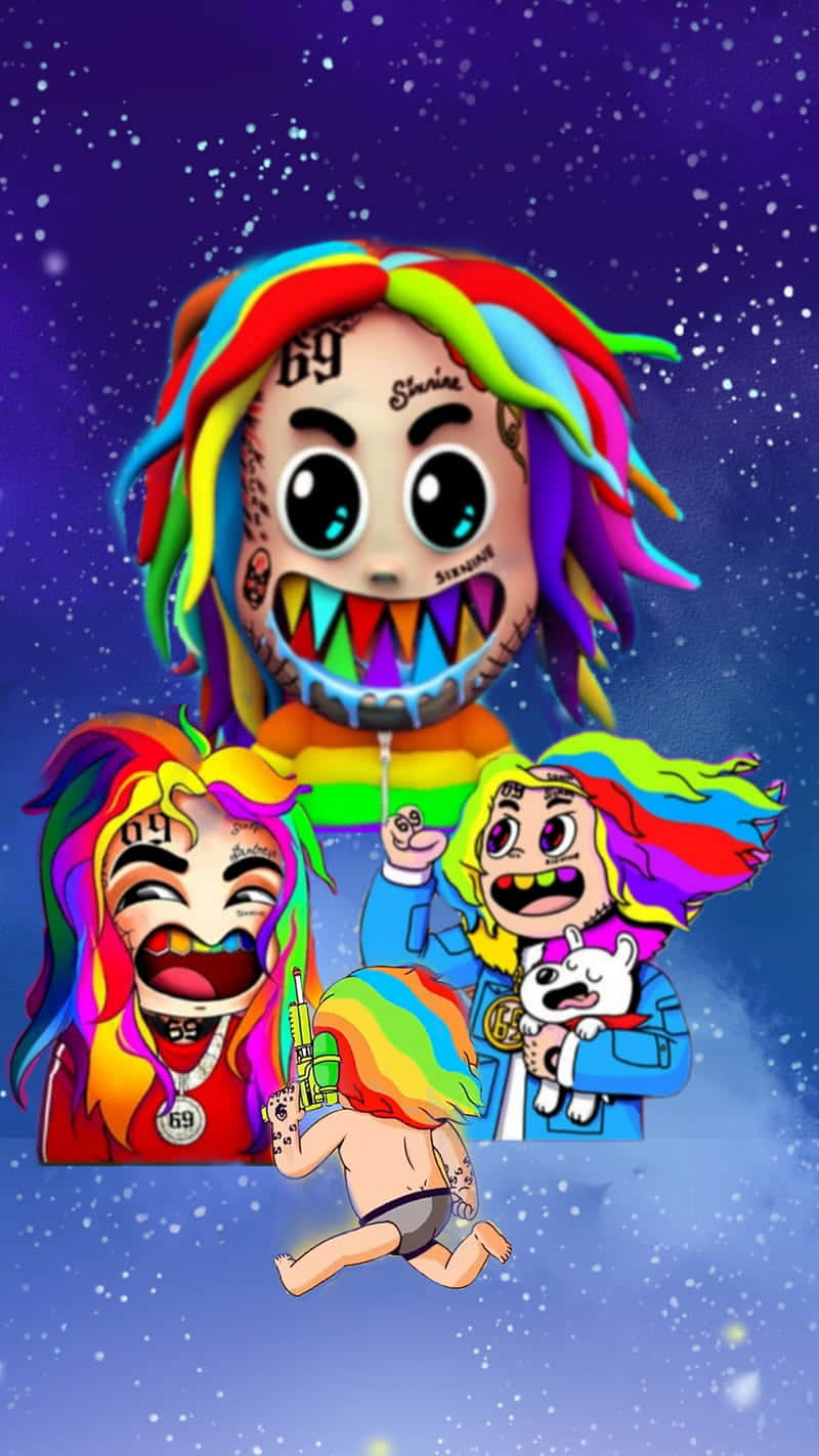 69 Rapper 桌布 壁紙 — 色彩繽紛的卡通人物，擁有彩虹頭髮和刺青，在佈滿星星的紫色天空中漂浮，手持彩虹旗。
