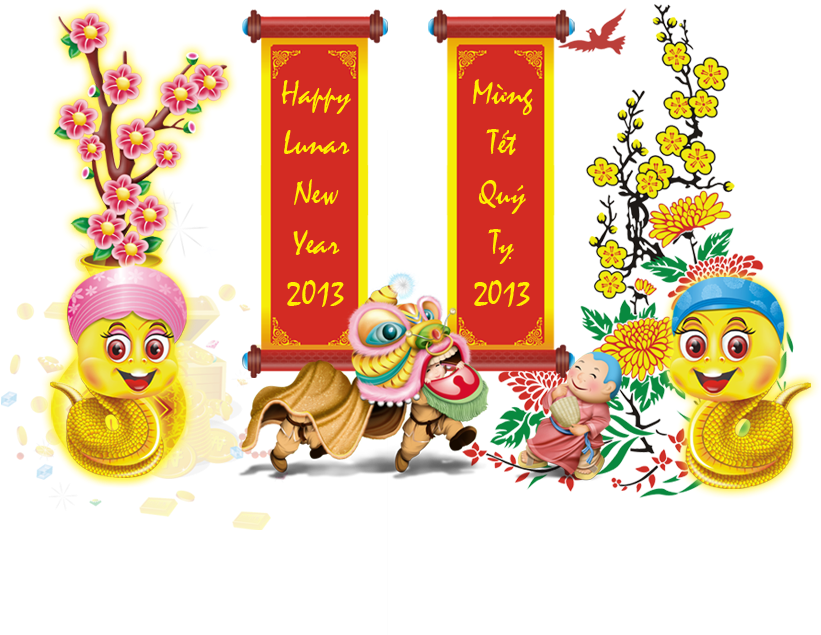 Lunar New Year 桌布 壁紙 — 色彩繽紛的卡通人物在黑色背景前，以舞獅、金幣和盛開的花朵慶祝農曆新年。