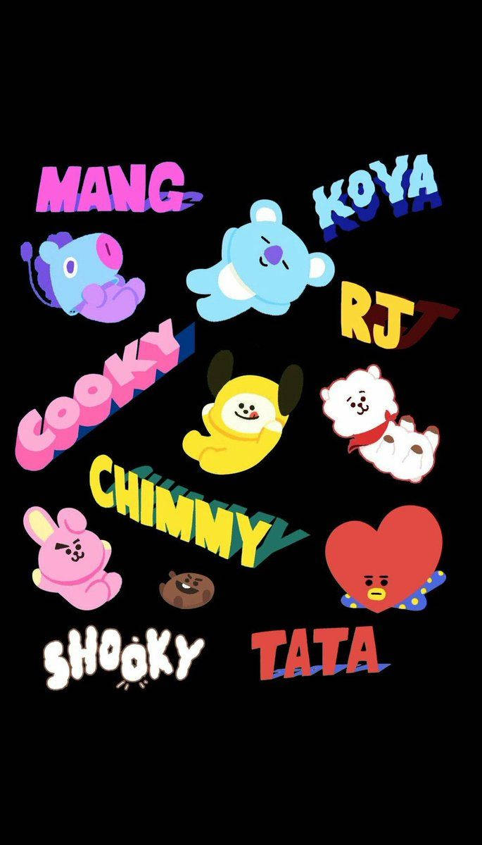 明亮的卡通人物連名字在黑色背景上漂浮。 — BT21 GIF 壁紙