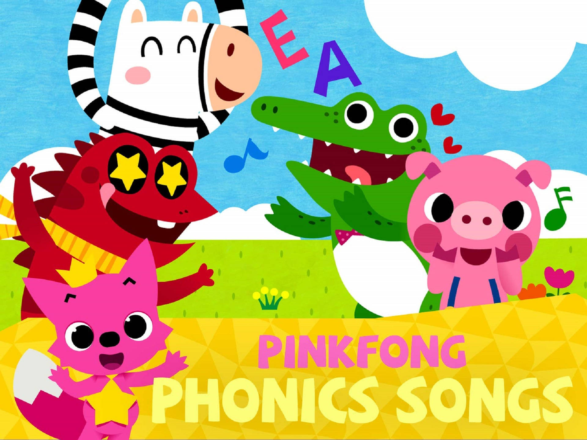 Pinkfong 桌布 壁紙 — 色彩繽紛的卡通動物，如斑馬、鱷魚和豬，在明亮的藍天下快樂地唱著拼音歌曲，周圍漂浮著字母。