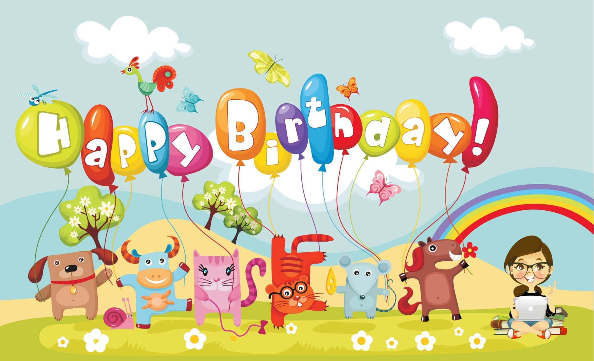 生日快樂 桌布 壁紙 — 色彩繽紛的卡通動物和一個孩子在彩虹下慶祝，'Happy Birthday' 氣球在晴朗的天空中飄浮。