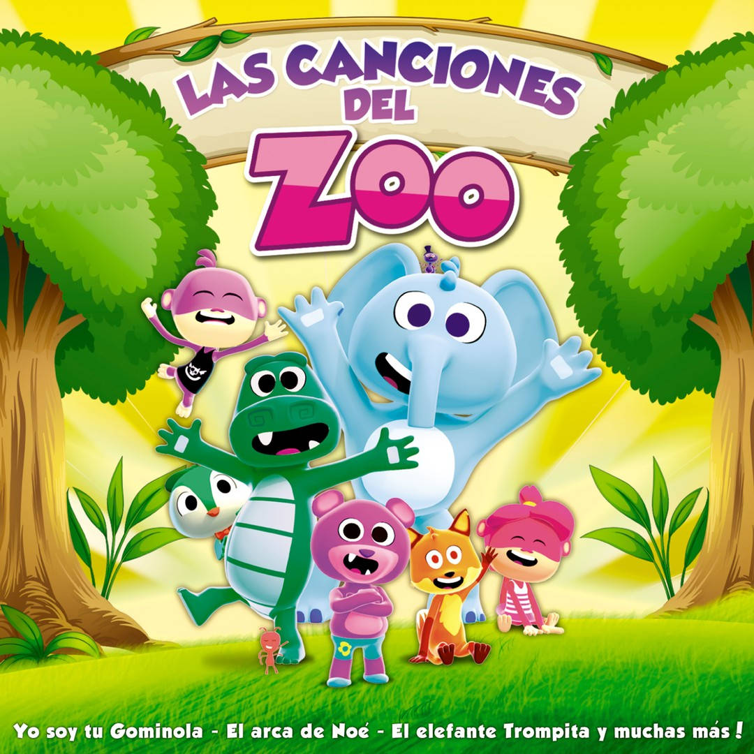 Cartoon 桌布 壁紙 — 色彩繽紛的卡通動物園動物和孩子們在明亮的陽光森林中，愉快地聚集在一個寫著 Las Canciones del Zoo 的標誌下。