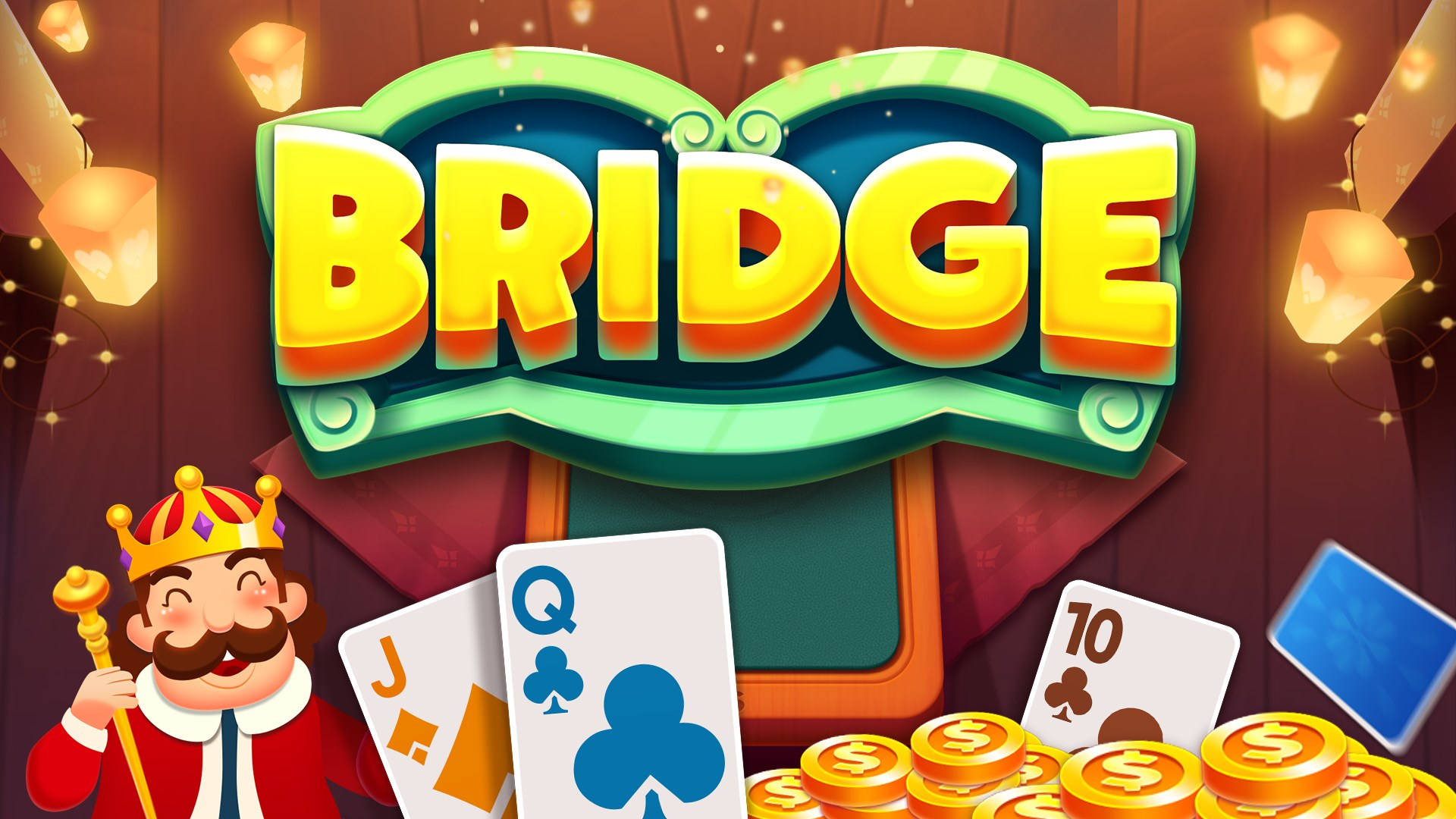 bridge 桌布 壁紙 — 色彩繽紛的卡通國王手持權杖，旁邊有撲克牌和金幣，在發光的燈籠下，標題為「BRIDGE」。