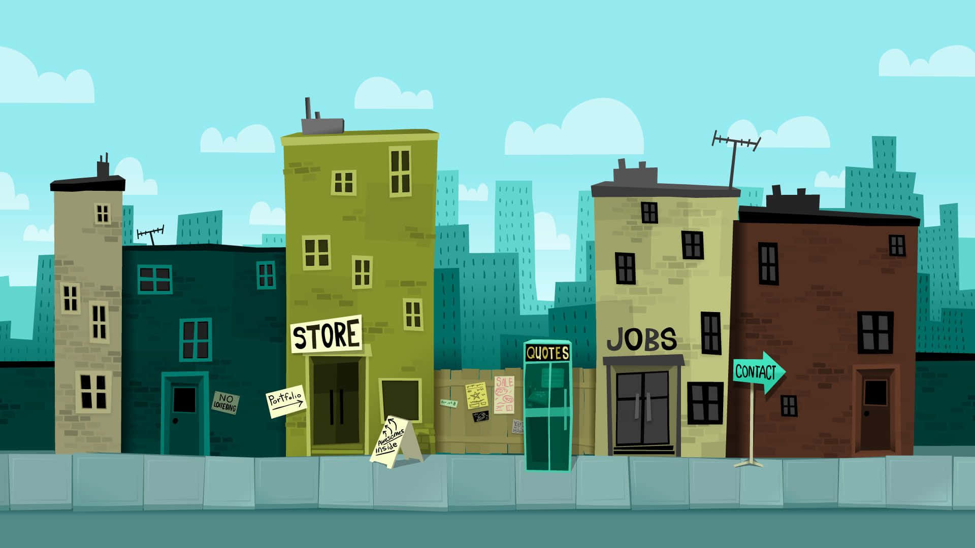 Cartoon 桌布 壁紙 — 色彩繽紛的卡通城市景觀，帶有古怪的建築物，標有 store jobs 和 contact，在明亮的藍天和蓬鬆的雲朵下。
