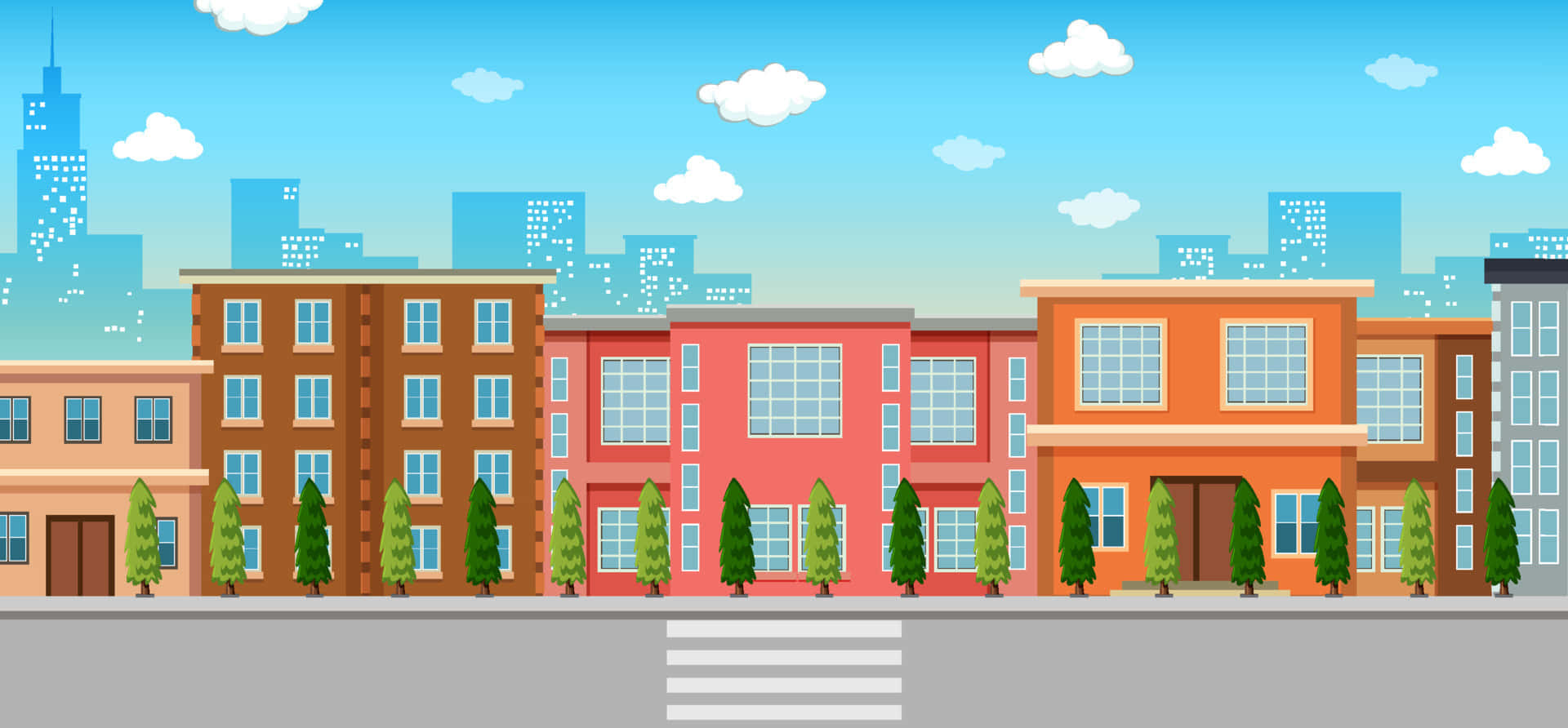 Cartoon City 桌布 壁紙 — 色彩繽紛的卡通城市景觀，有柔和色調的建築物、綠樹和藍天白雲。