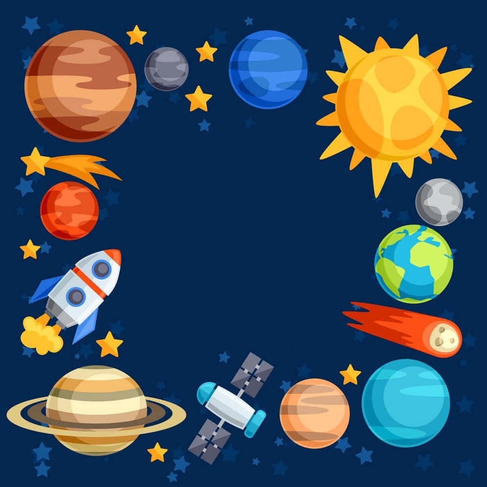 太陽系 桌布 壁紙 — 色彩繽紛的卡通太空場景，行星、火箭和星星圍繞著中央空白區域排列。