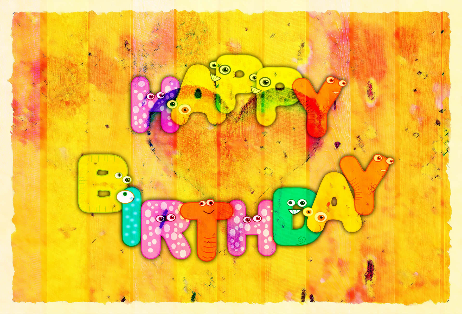 在水彩背景上帶有咕嚕眼睛的happy birthday文字。 — 生日快樂 GIF 壁紙