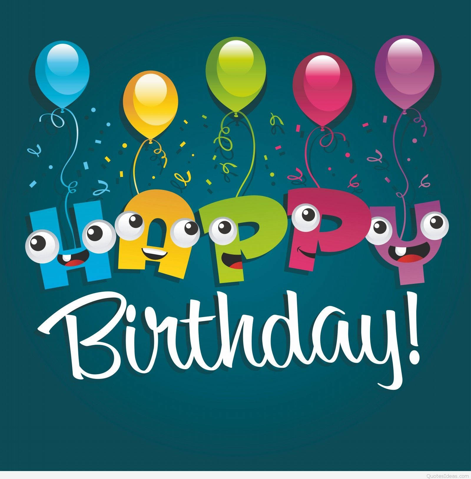 生日快樂 桌布 壁紙 — 色彩繽紛的卡通字母拼出「Happy Birthday」，帶有咕嚕眼睛和氣球漂浮在深藍綠色背景上。