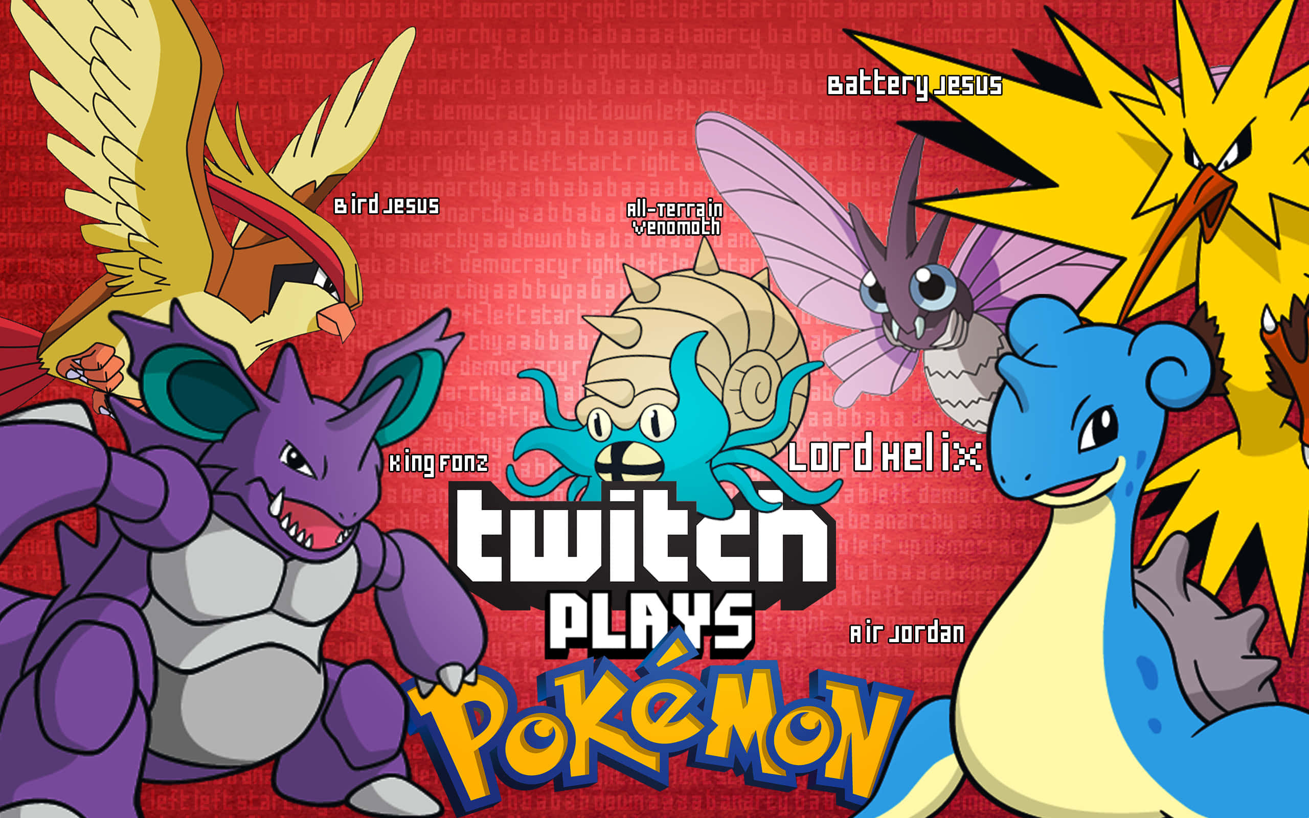 Pokemon Posters 桌布 壁紙 — 色彩繽紛的卡通寶可夢角色圍繞著中央的「Twitch Plays Pokémon」標誌，背景為紅色並帶有故障文字。