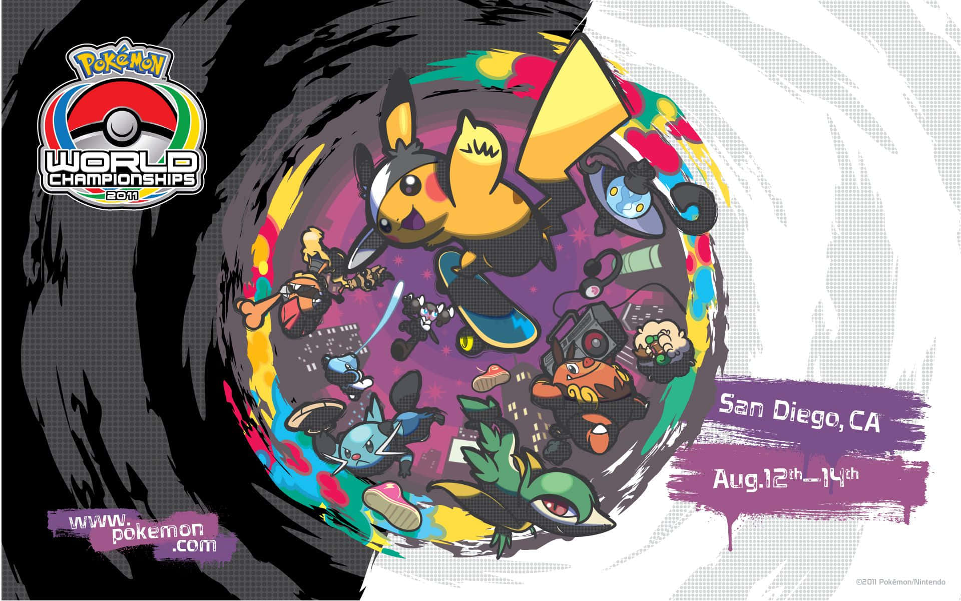 Pokemon World Championships 桌布 壁紙 — 色彩繽紛的卡通寶可夢角色從彩色旋轉的漩渦中迸發出來，背景為黑白半色調。