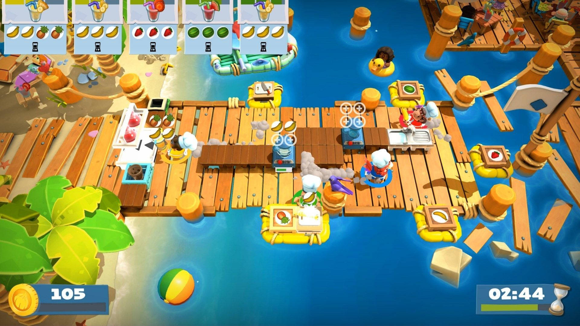Overcooked 桌布 壁紙 — 色彩繽紛的卡通廚師在充滿活力的熱帶海灘遊戲場景中的浮動平台上比賽。