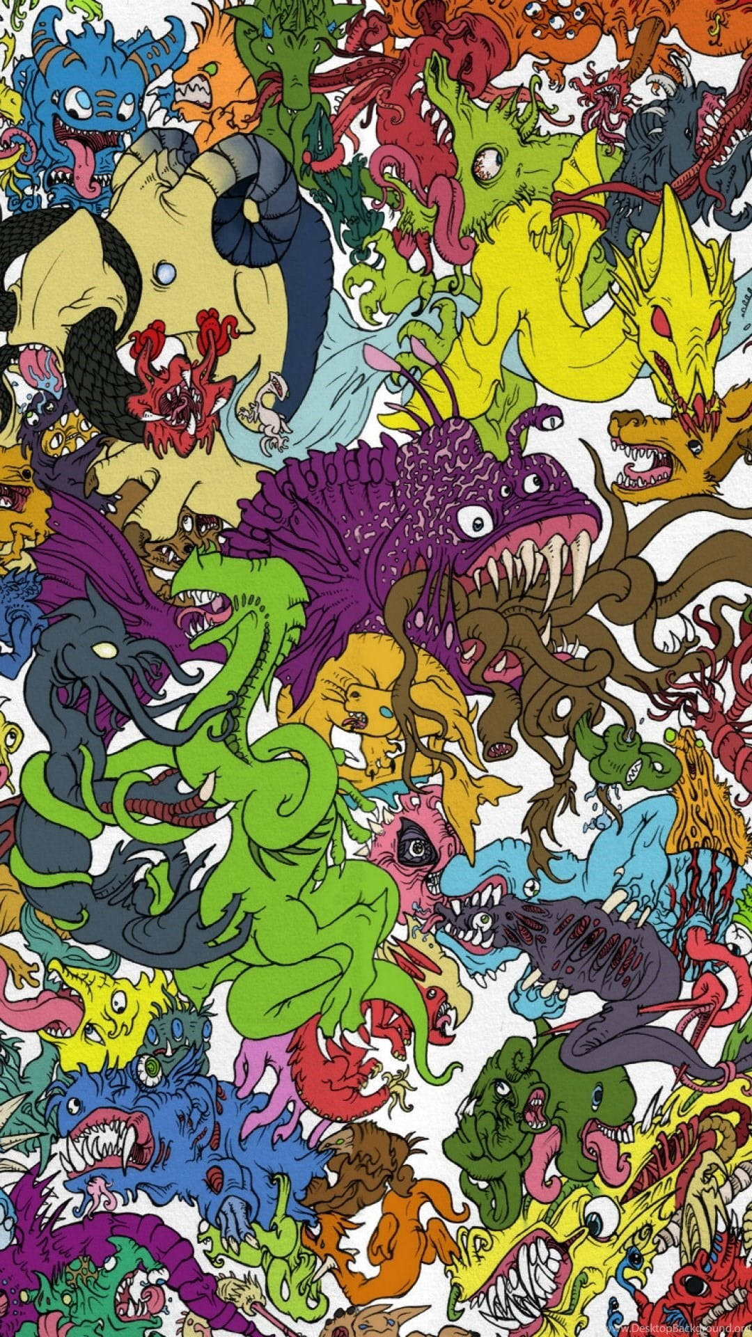 Trippy Cartoon 桌布 壁紙 — 色彩繽紛的卡通怪物，擁有鋒利的牙齒和狂野的表情，混亂地爆炸並填滿畫面。