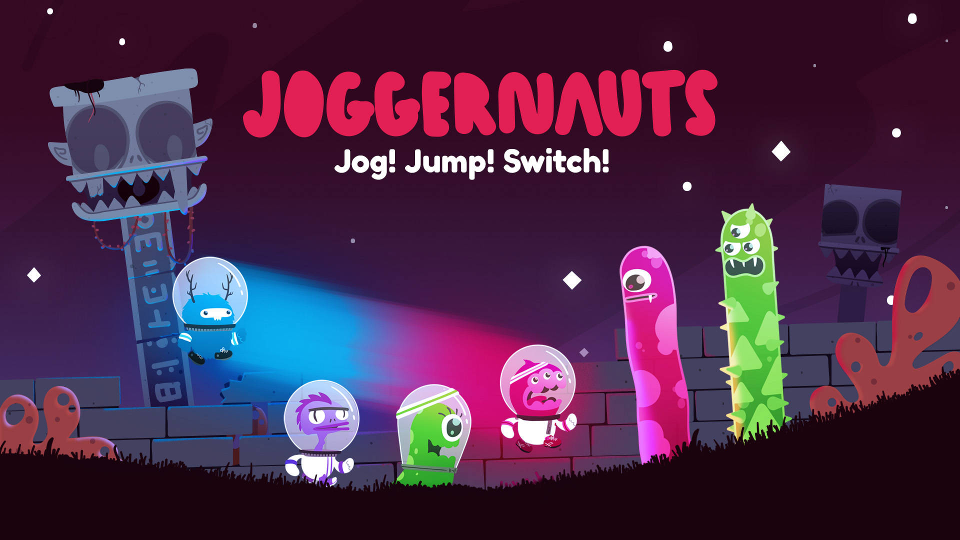 Joggernauts 桌布 壁紙 — 色彩繽紛的卡通怪物穿著太空衣，在星空下跑過深紫色的外星景觀。