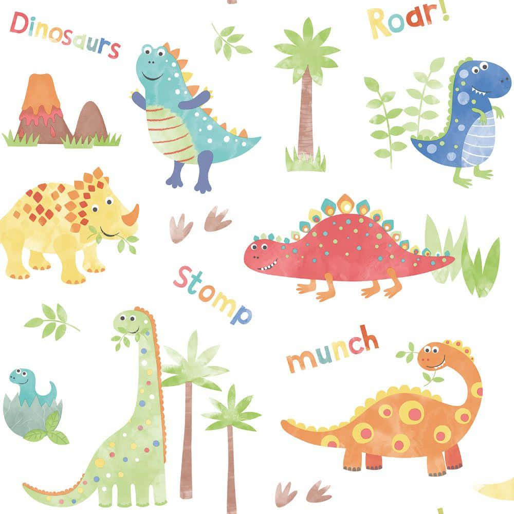 Dino 桌布 壁紙 — 色彩繽紛的卡通恐龍，帶有俏皮文字和棕櫚樹，背景為白色。