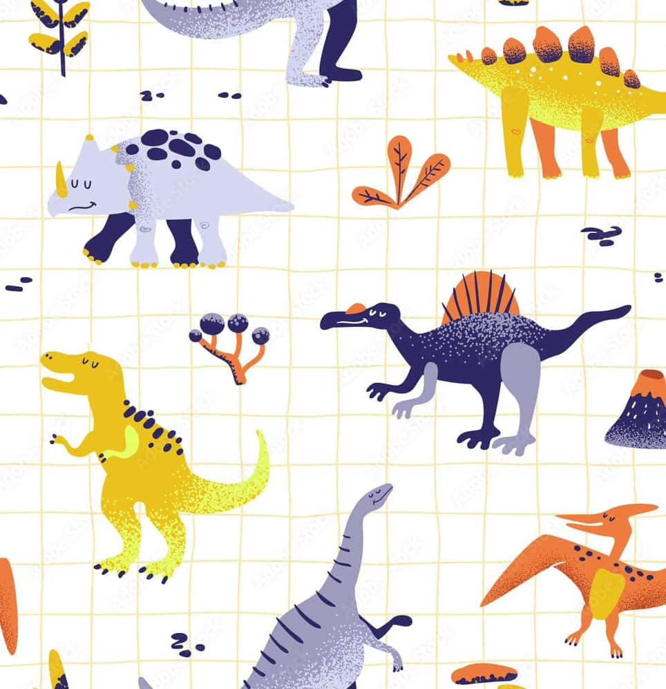 Cute Dinosaur 桌布 壁紙 — 色彩繽紛的卡通恐龍和史前植物散落在黃色網格背景上。