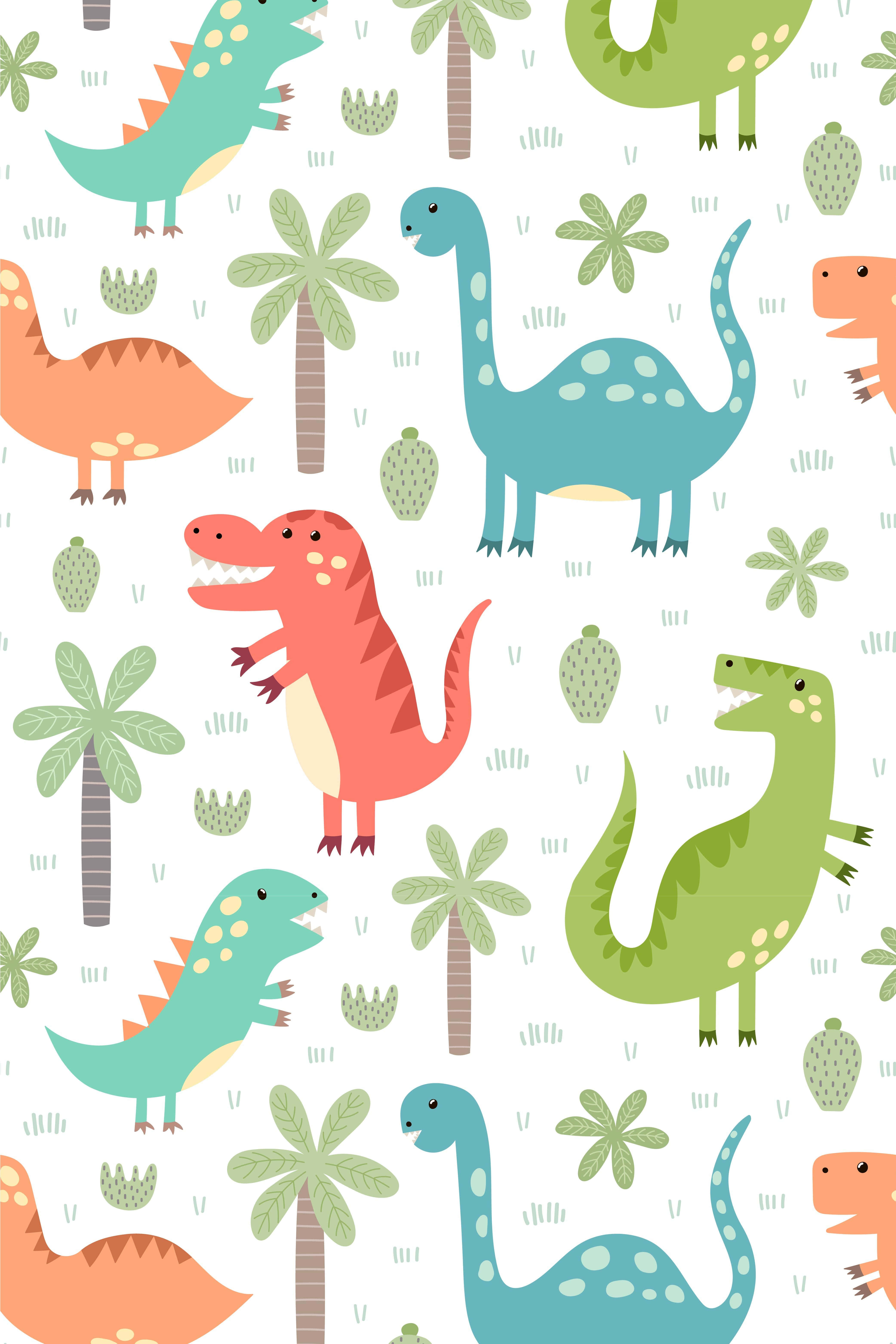 Cute Dinosaur 桌布 壁紙 — 色彩繽紛的卡通恐龍和棕櫚樹，在白色背景上形成有趣的重复圖案。