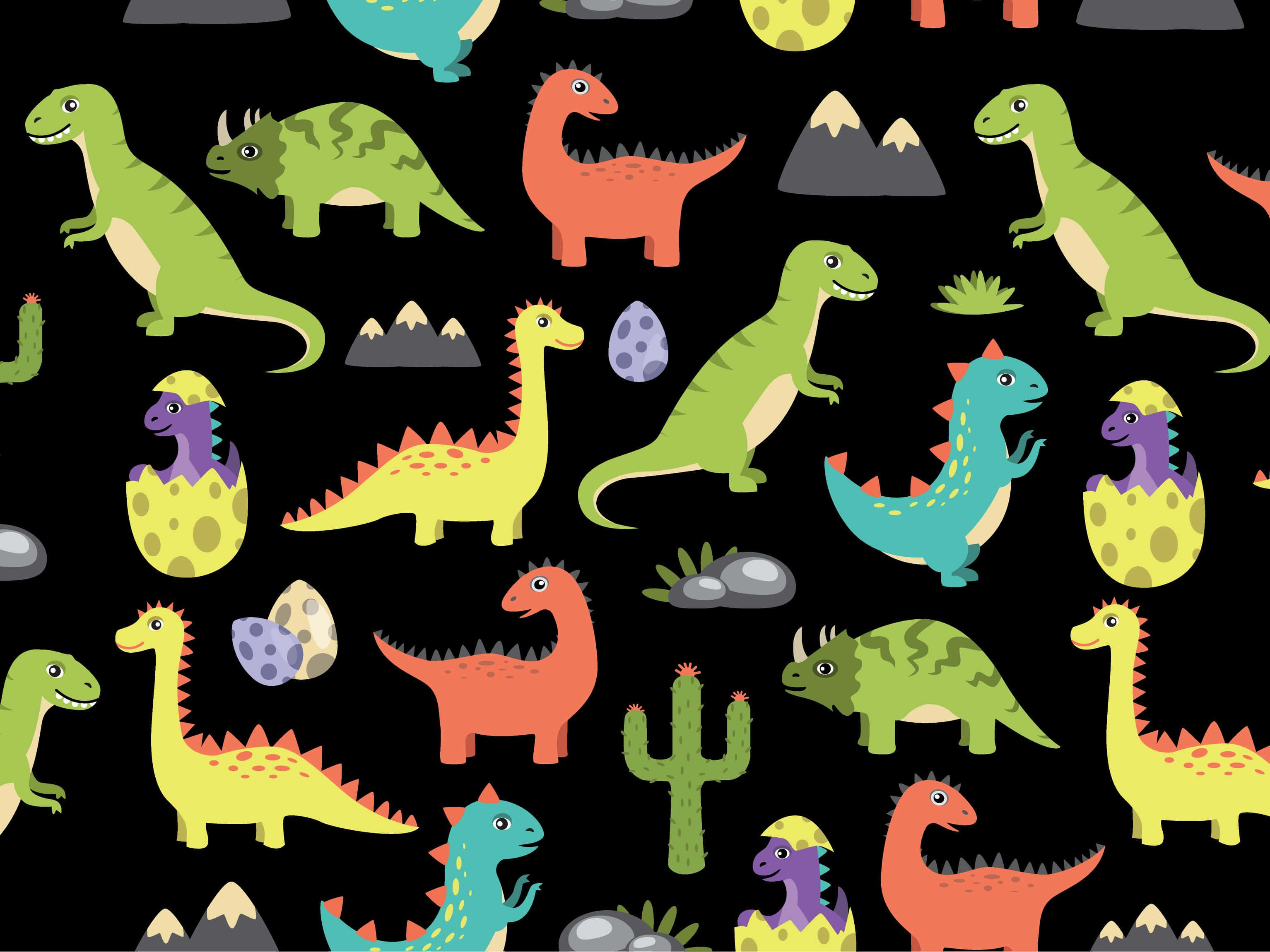 Cute Dinosaur 桌布 壁紙 — 色彩繽紛的卡通恐龍和蛋散落在黑色背景上，背景有仙人掌和山脈。