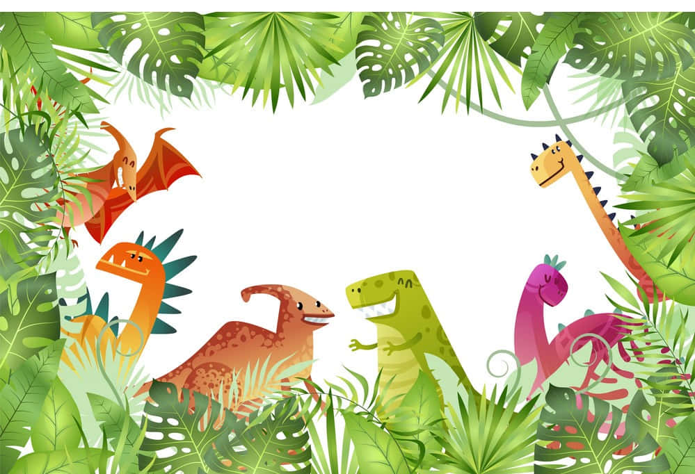 Dino 桌布 壁紙 — 色彩繽紛的卡通恐龍從茂密的綠色熱帶樹葉中探出頭來，營造出俏皮的叢林場景。