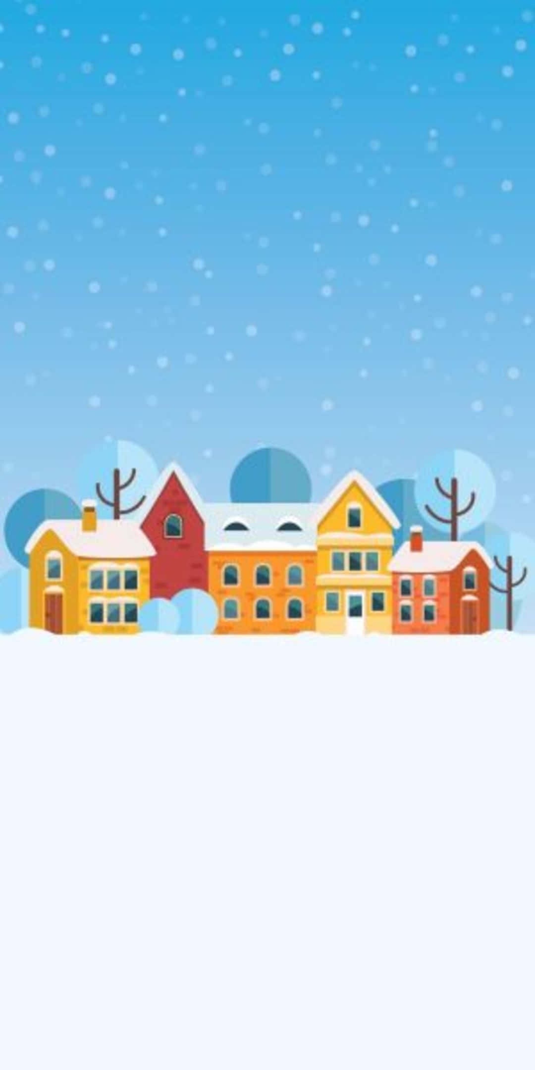 Pixel 3 Minimal 桌布 壁紙 — 色彩繽紛的卡通房屋，屋頂覆蓋積雪，樹木光禿，藍天下飄落雪花。