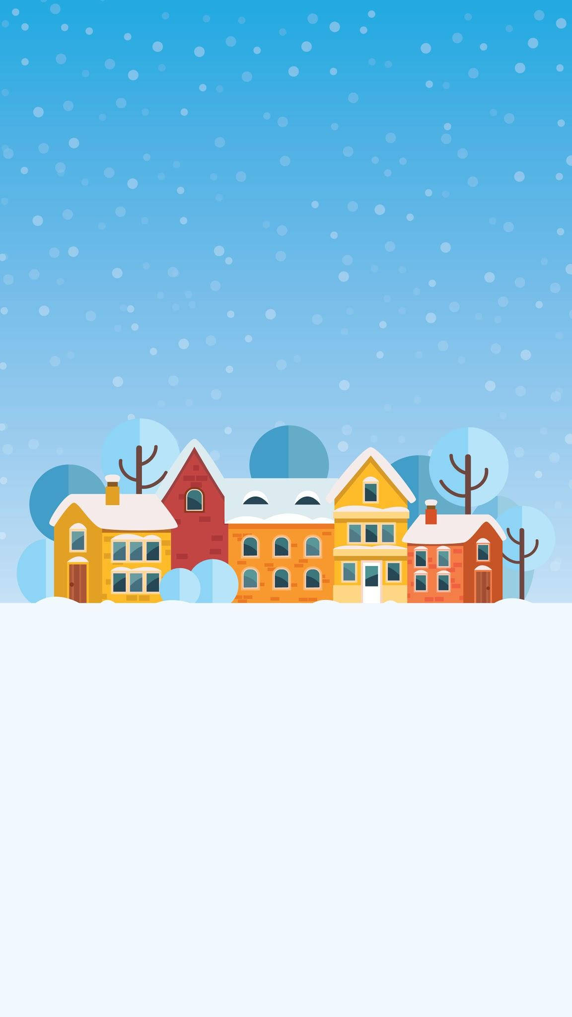 極簡 iPhone 桌布 壁紙 — 色彩繽紛的卡通房屋，屋頂覆蓋著白雪，光禿禿的樹木，藍天下飄落著雪花。